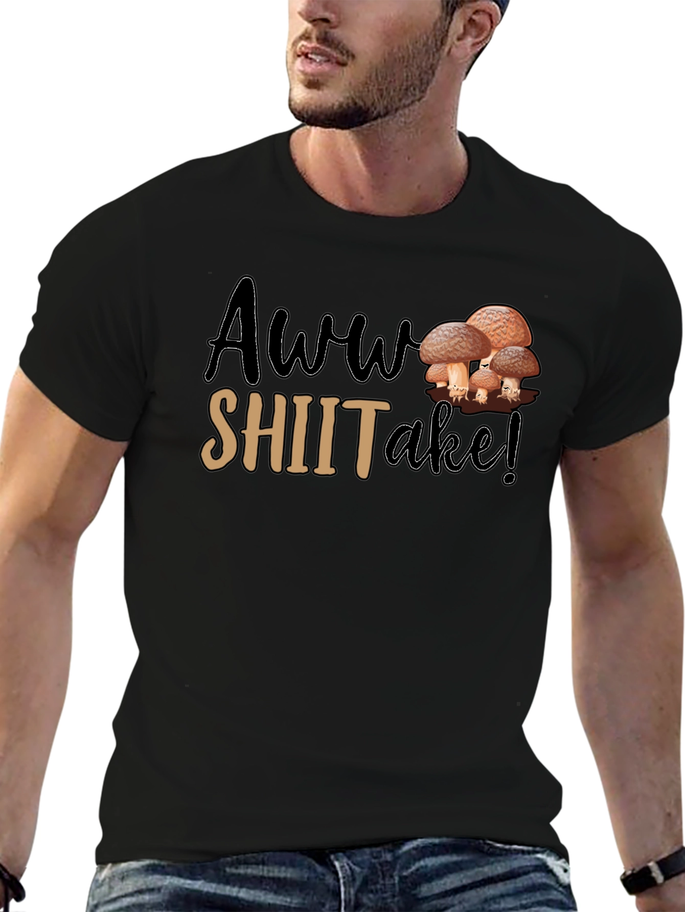 Black Awww Shiitake! Mushroom Pun Graphic T-Shirt view 6