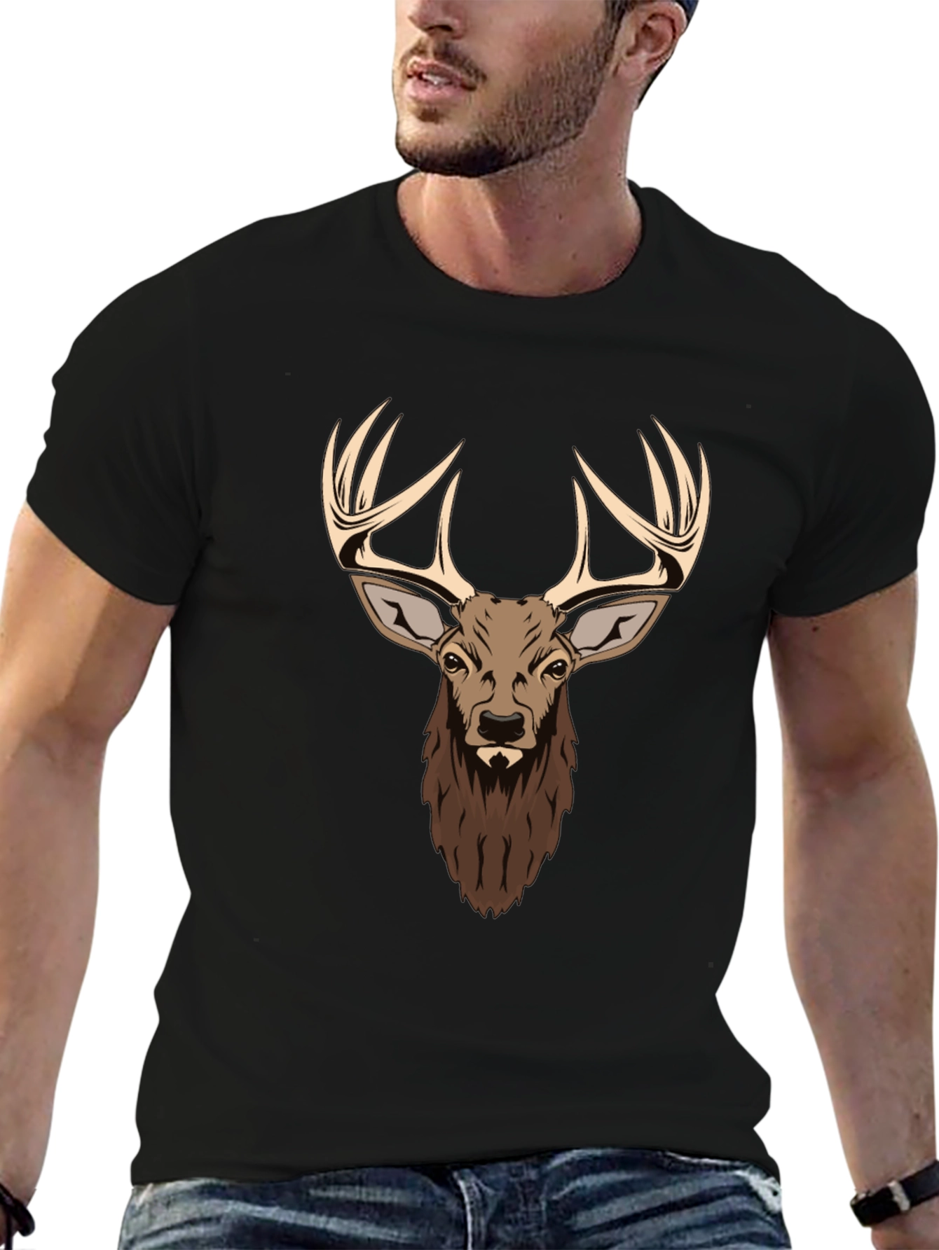 Black Deer Head Graphic Print Black T-Shirt view 6