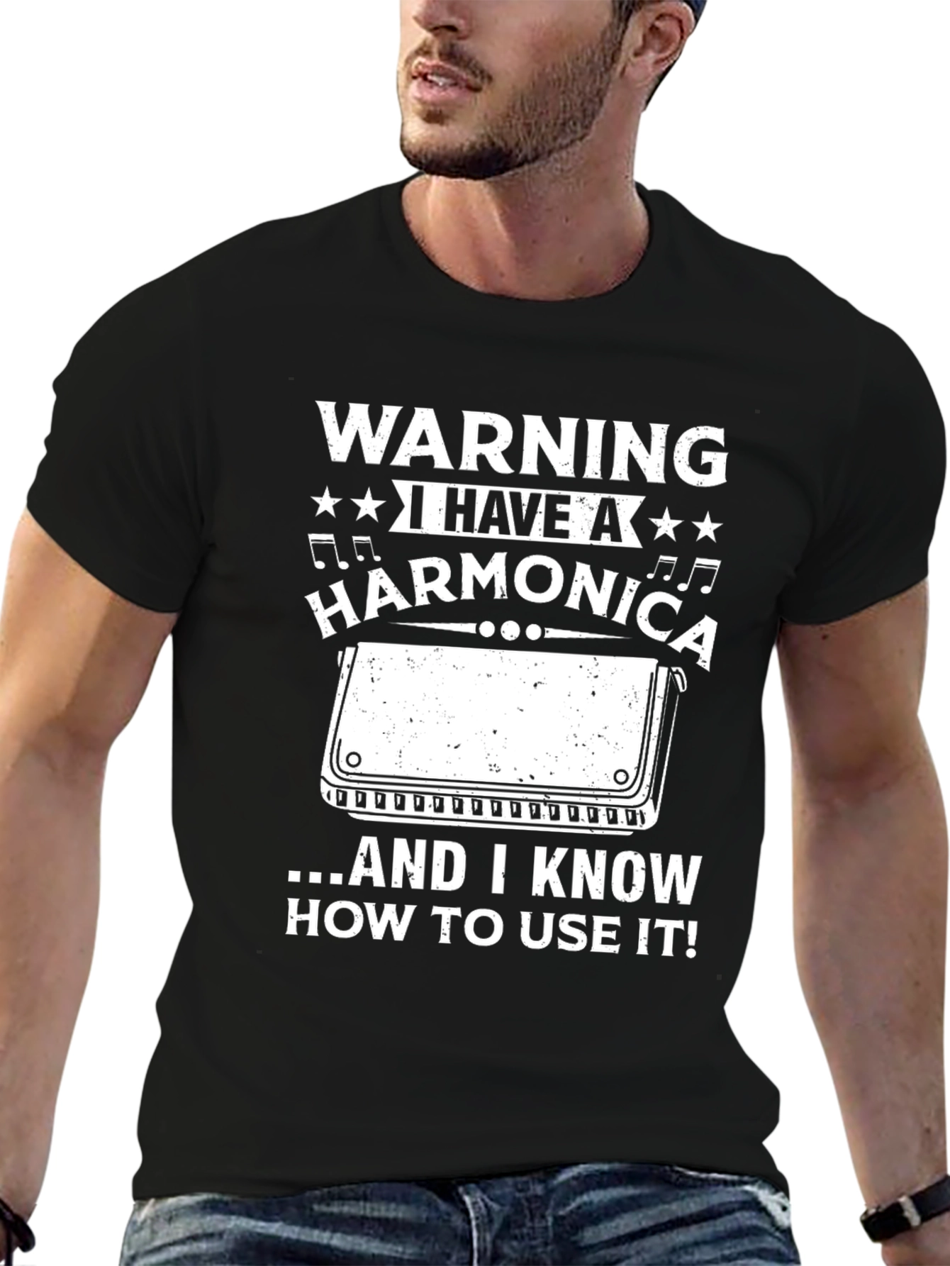 Black Warning Harmonica Player T-Shirt view 6