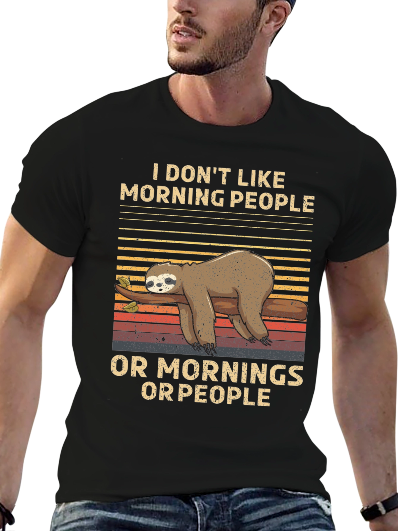 Black Funny Sloth T-Shirt: I Don't Like Morning People view 6