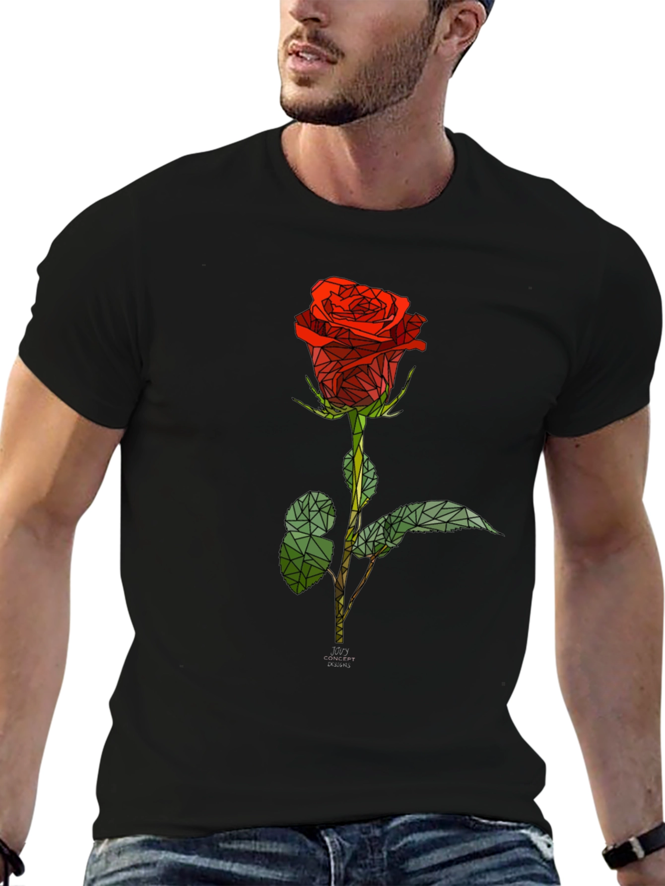 Black Geometric Rose Graphic Tee - Stylish Black T-Shirt view 6