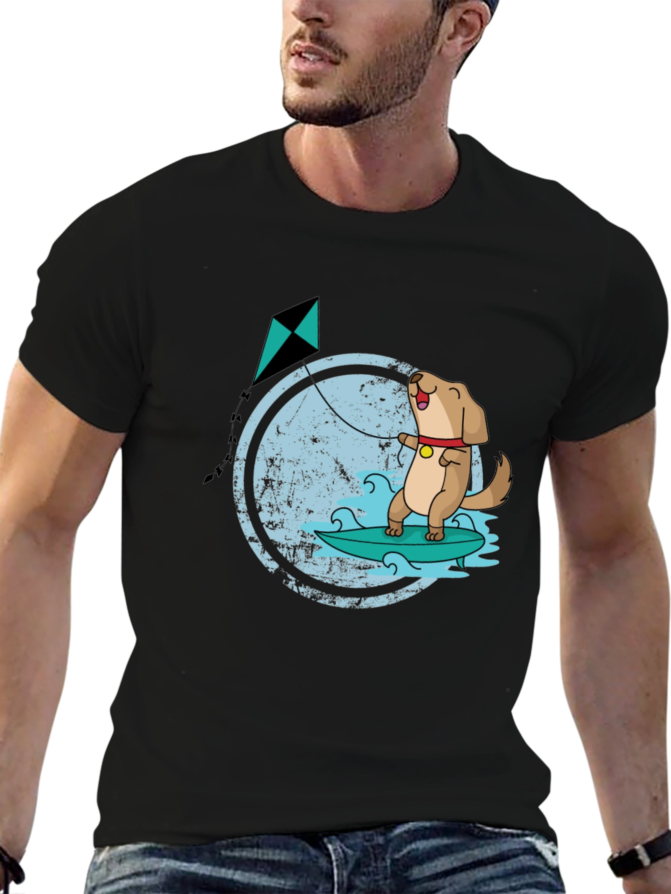 Black Surfing Dog Kite T-Shirt view 6