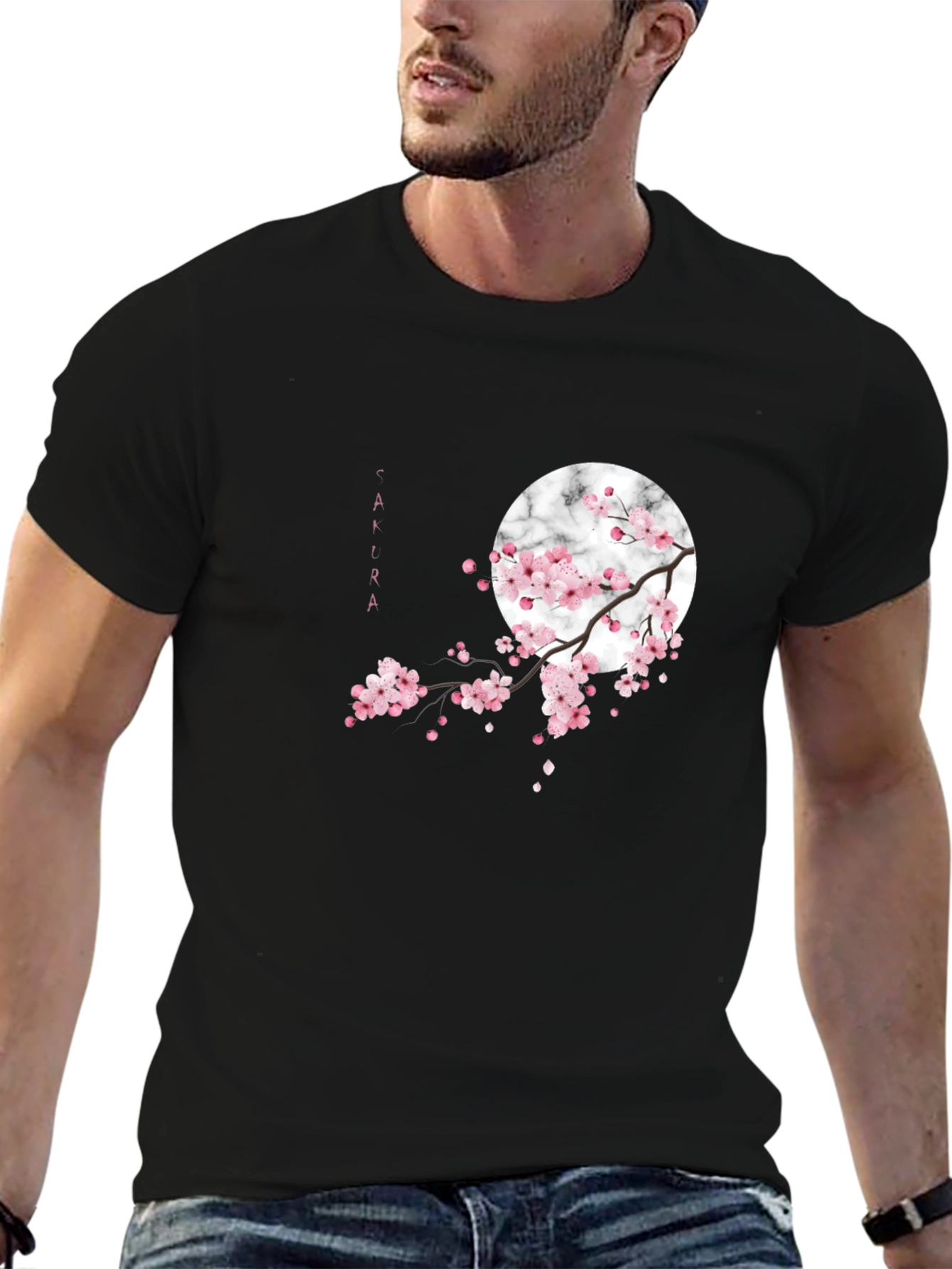 Black Sakura Blossom Graphic Tee - Black Cotton Casual Shirt view 6