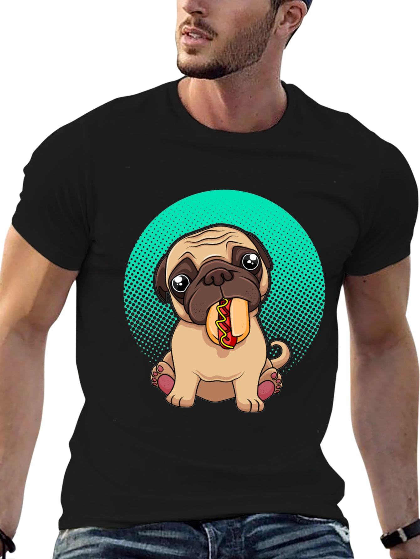 Black Pug Eating Hotdog Graphic T-Shirt - Cute Dog Tee view 6