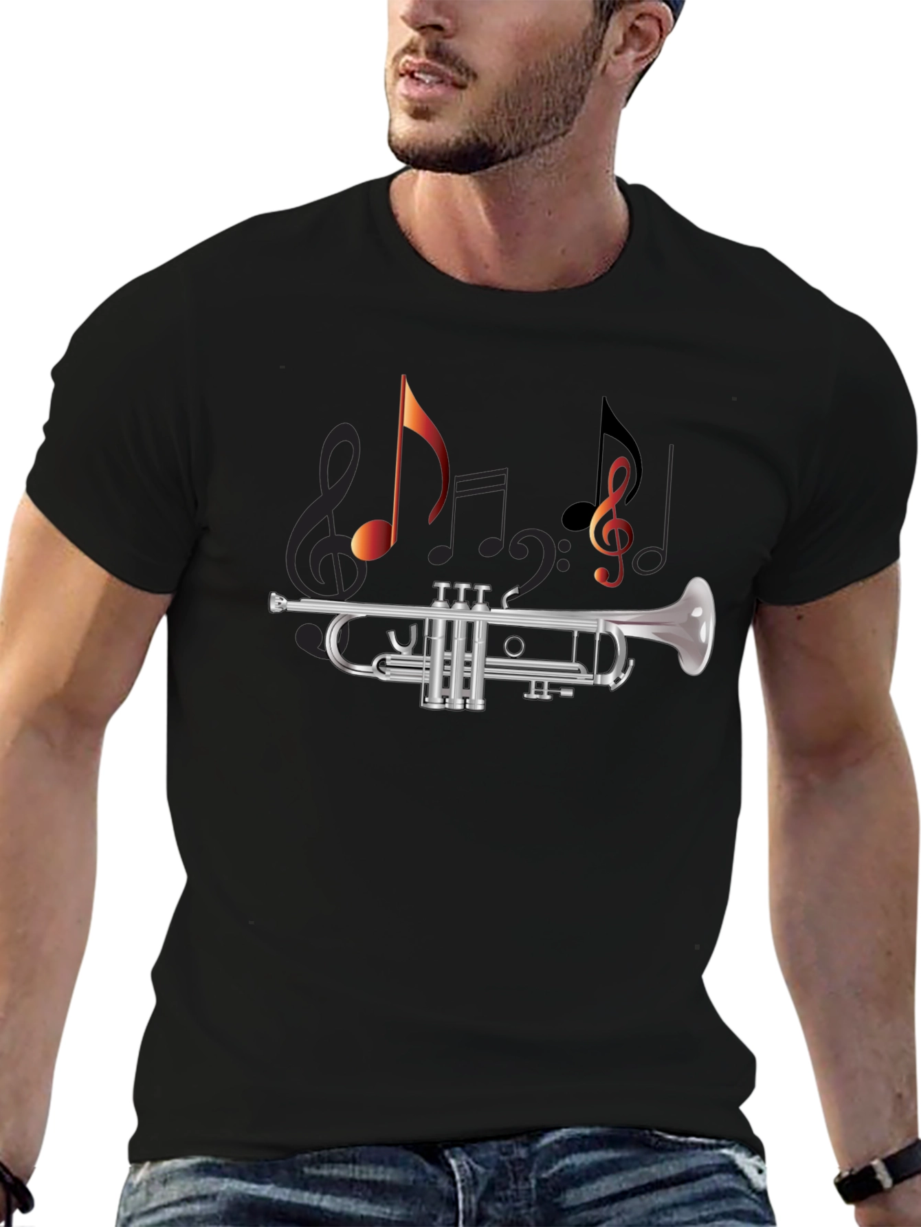 Black Musical Trumpet T-Shirt - Black Cotton Tee view 6