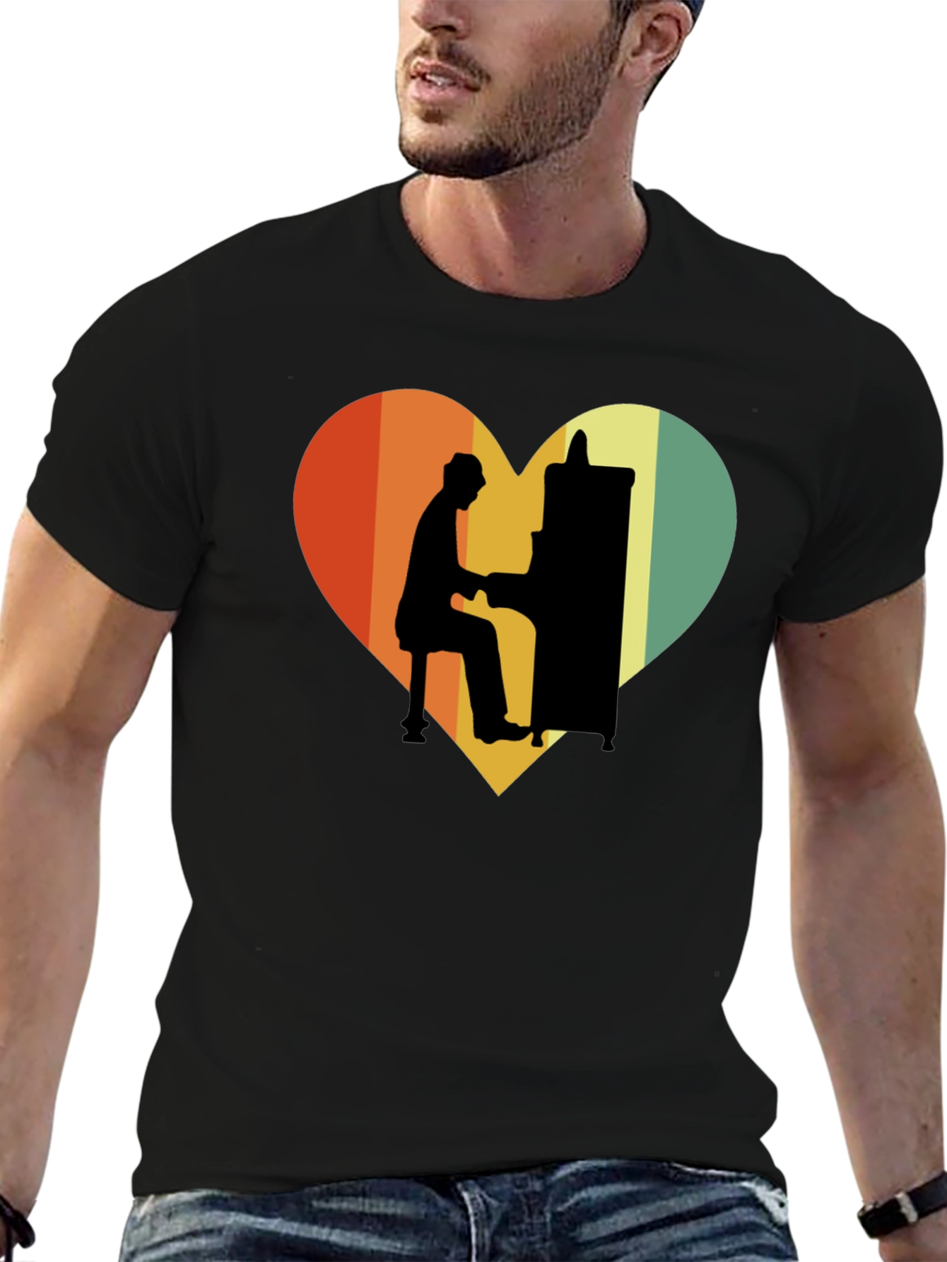 Black Retro Heart Piano Player Graphic T-Shirt view 6