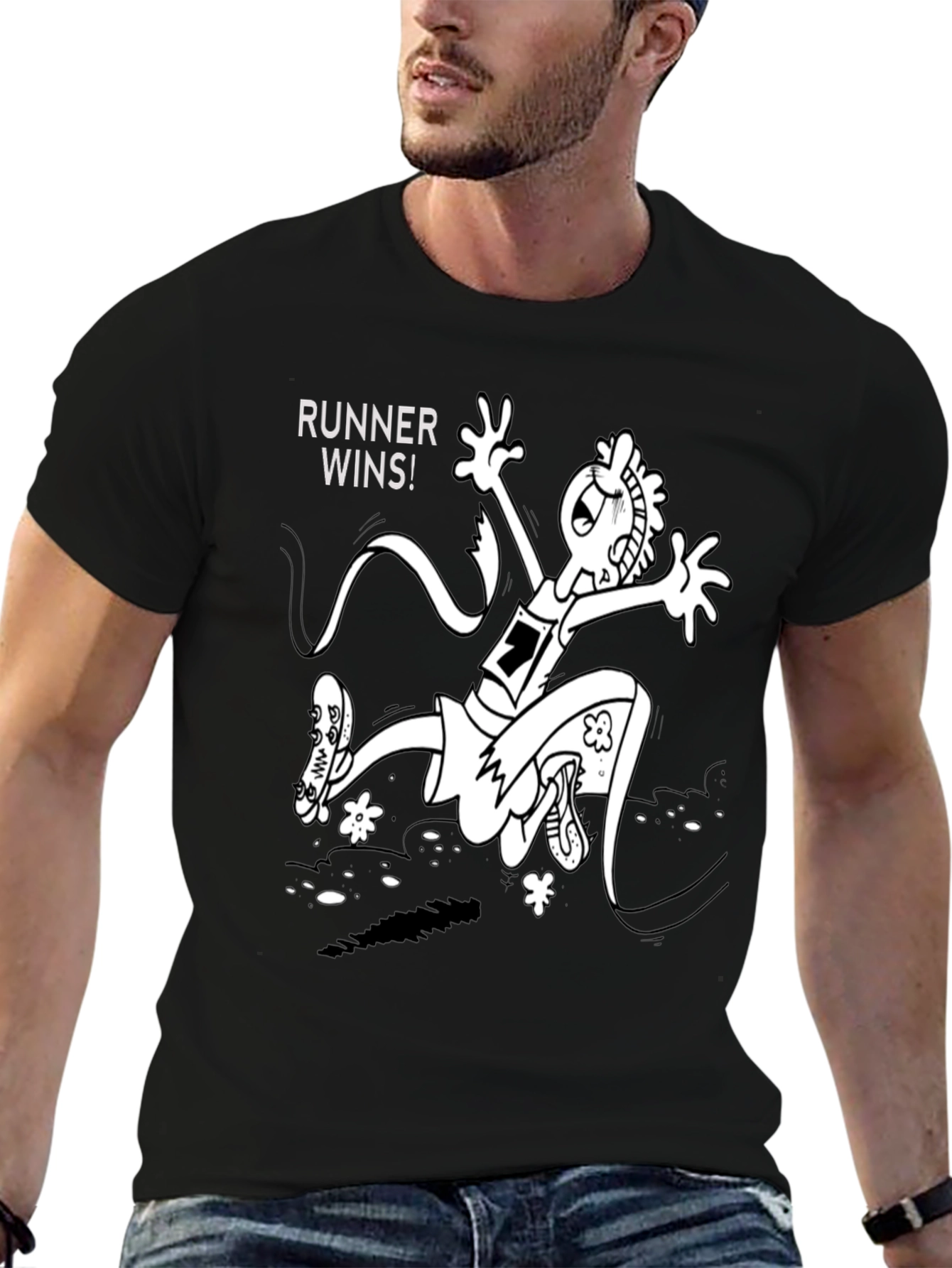 Black Runner Wins Graphic Tee - Black Cotton T-Shirt view 6