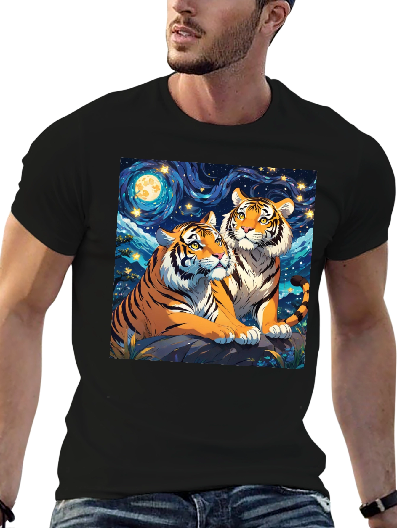 Black Tiger Lovers T-Shirt: Starry Night Design view 6