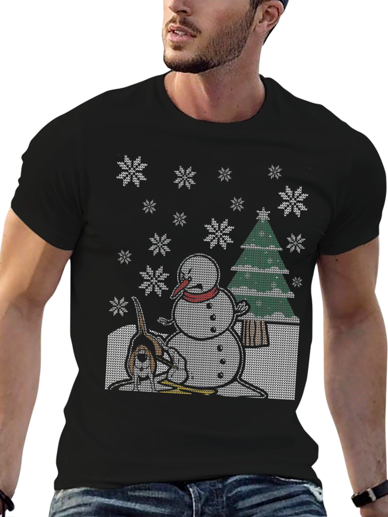 Black Funny Christmas T-Shirt Dog Snowman view 6