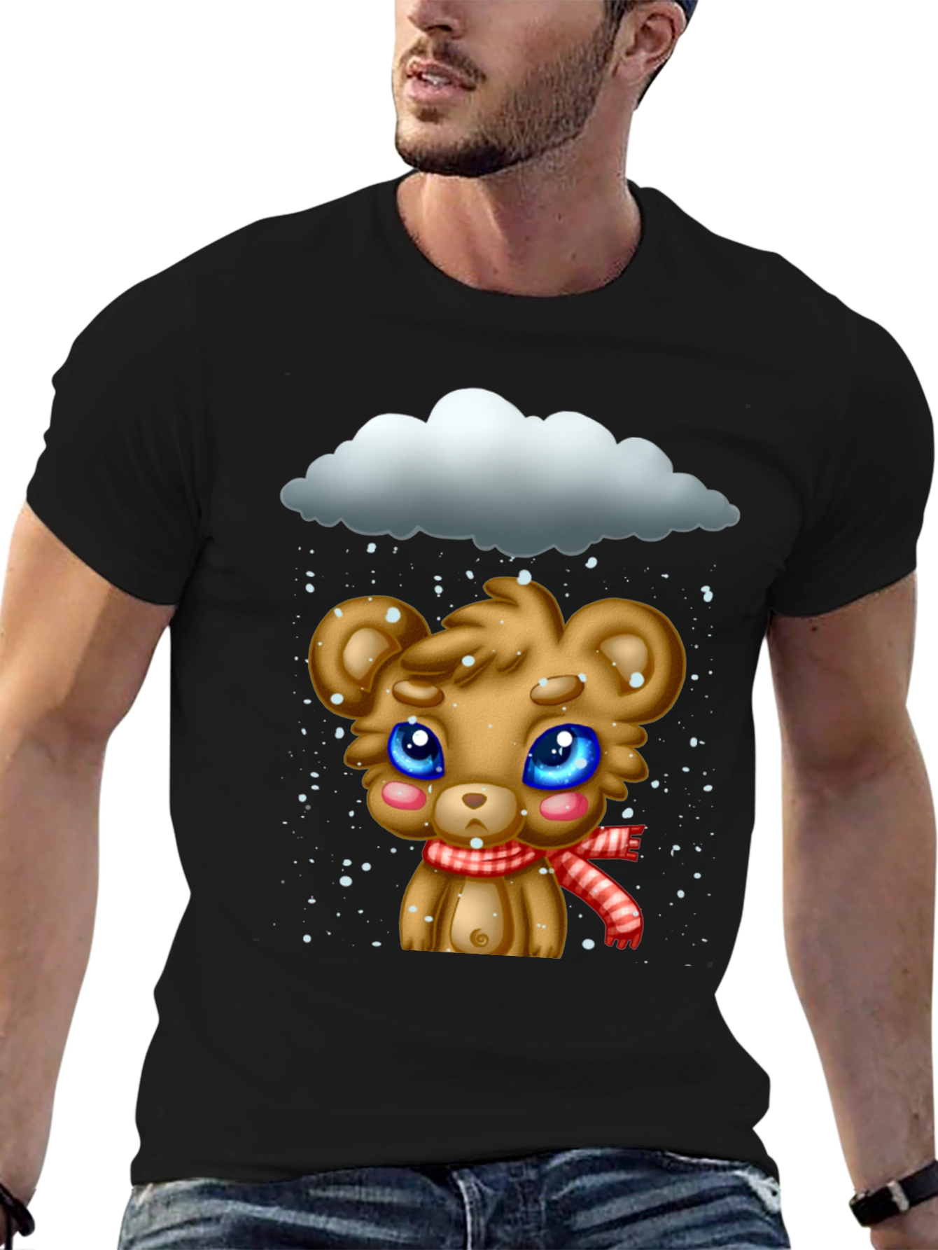 Black Cute Bear in Snow Graphic T-Shirt view 6