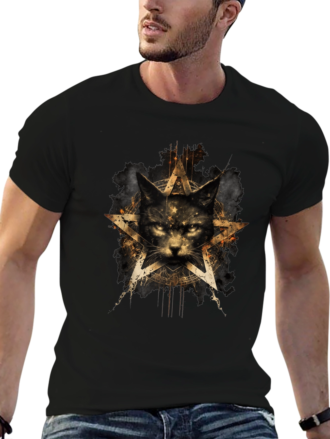 Black Mystic Cat Pentagram Graphic T-Shirt view 6