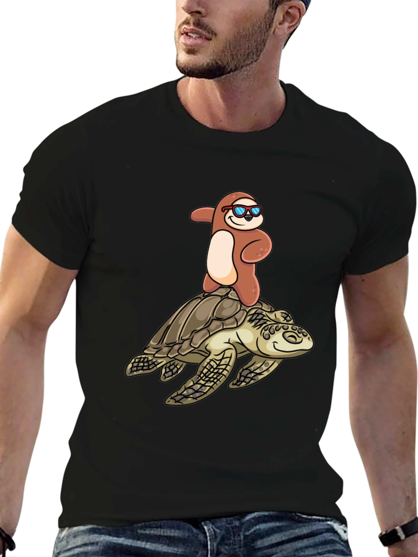Black Sloth Riding Turtle T-Shirt - Funny & Unique Design view 6