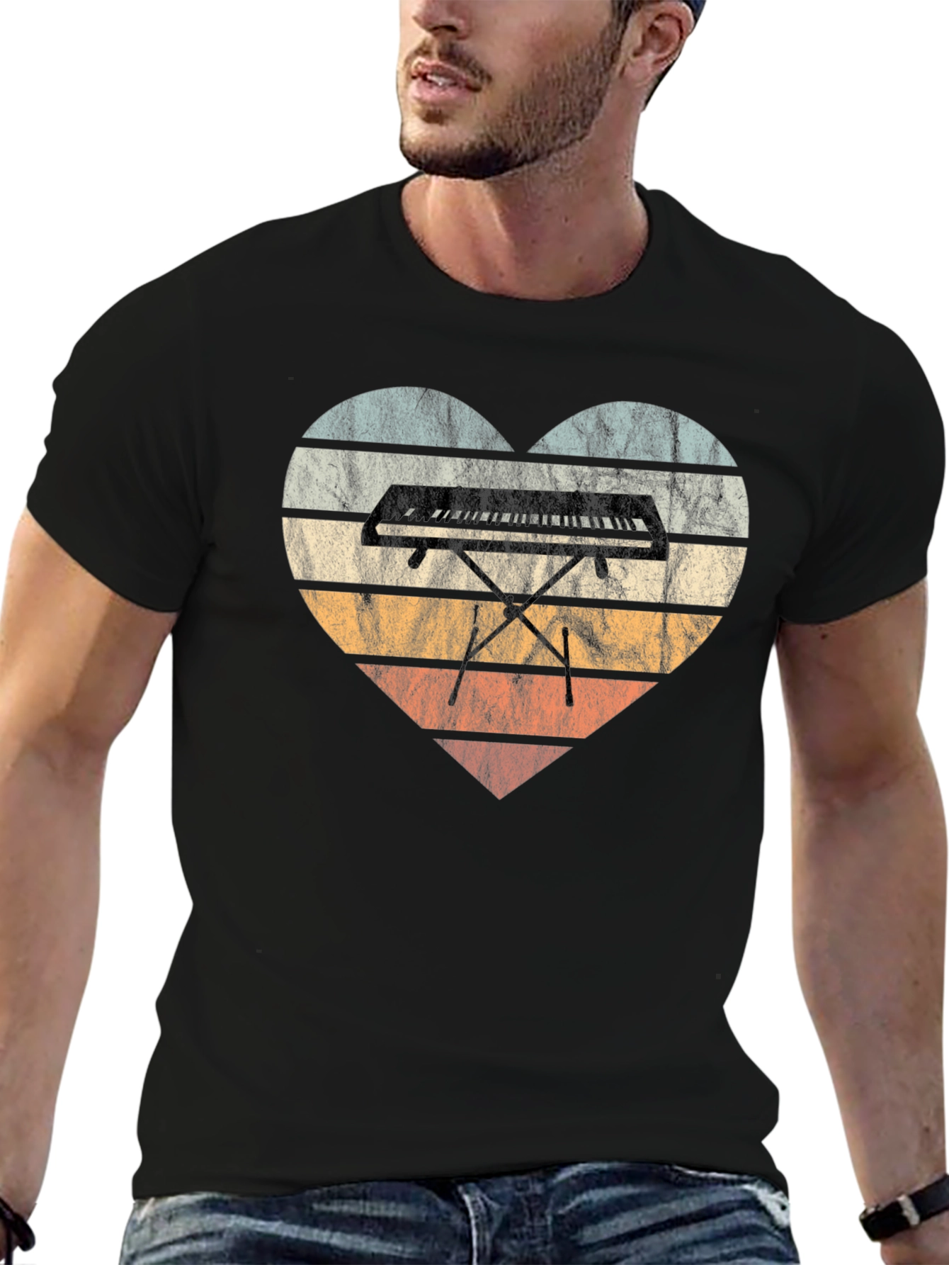 Black Vintage Keyboard Heart T-Shirt - Music Lover Tee view 6