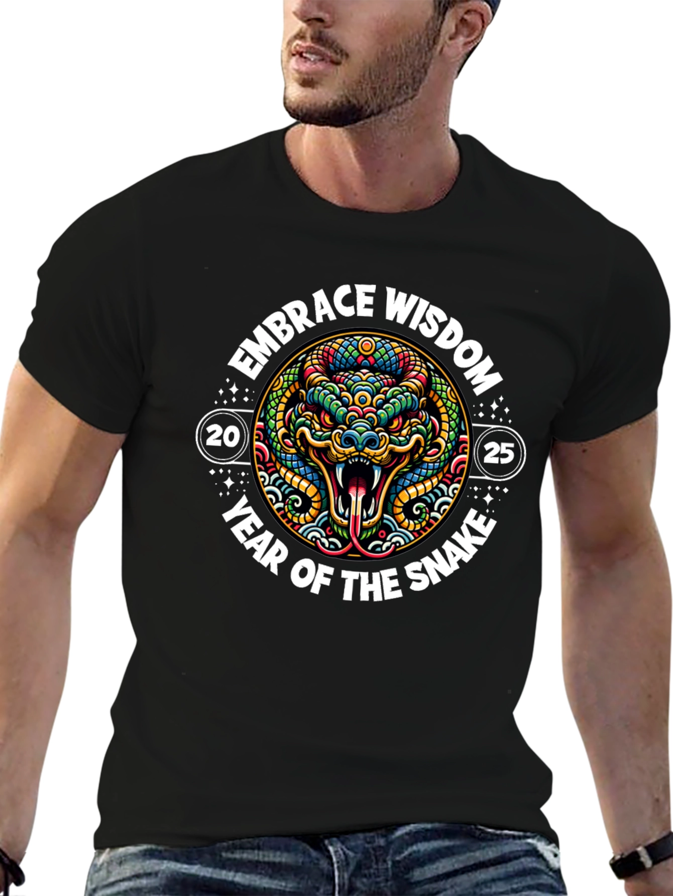 Black Embrace Wisdom Snake Year T-Shirt view 6