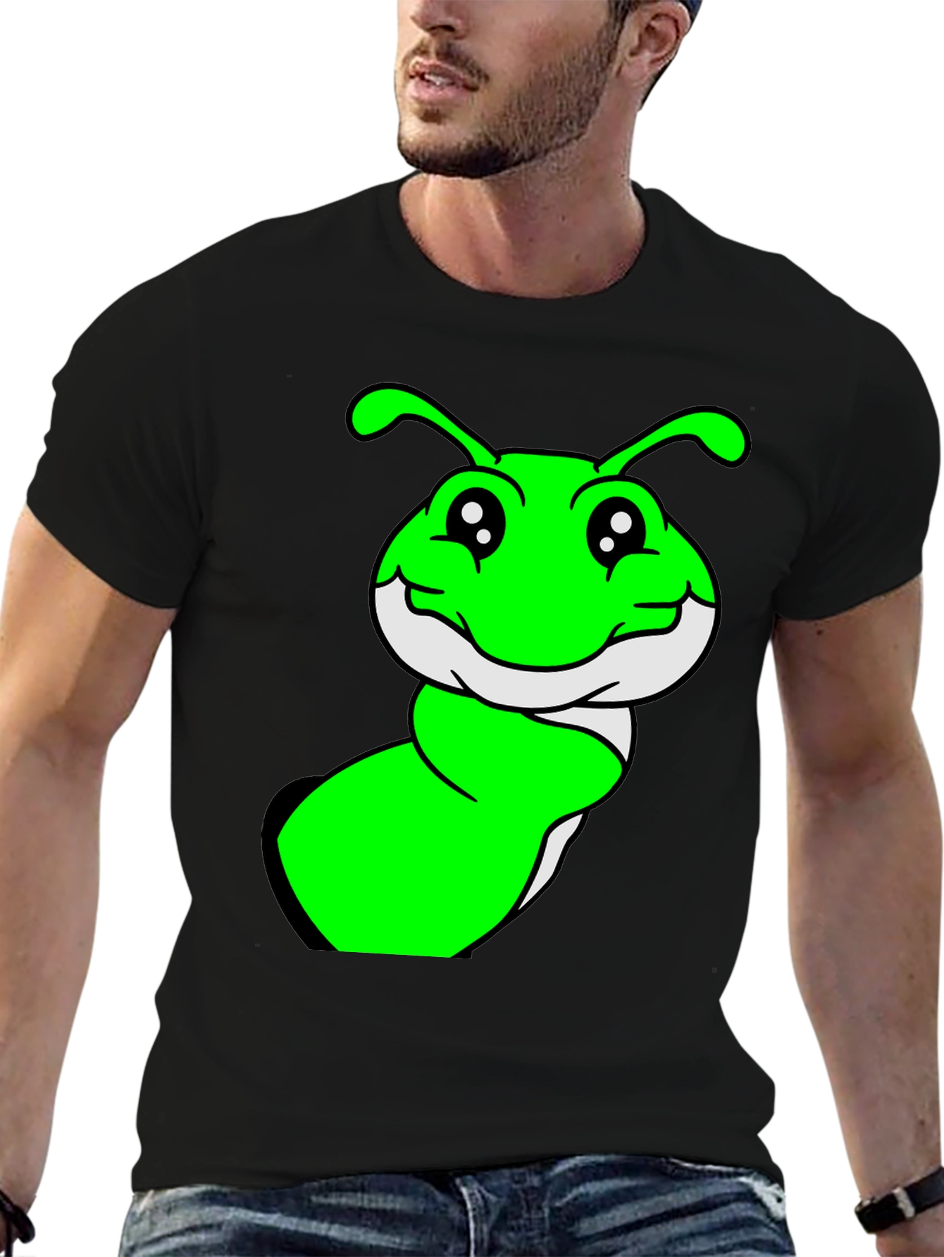 Black Green Cartoon Worm Graphic T-Shirt view 6