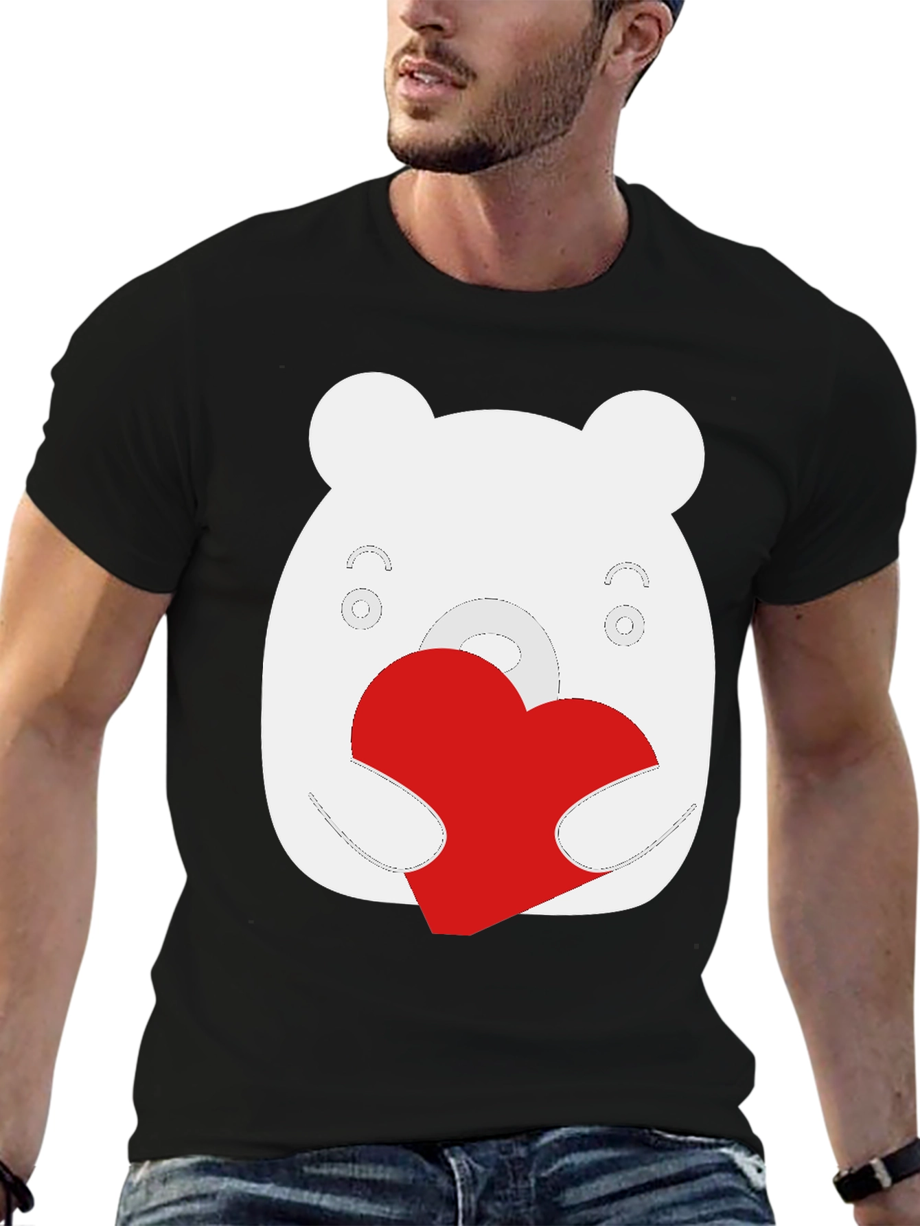 Black Cute Bear Heart Graphic Black T-Shirt view 6