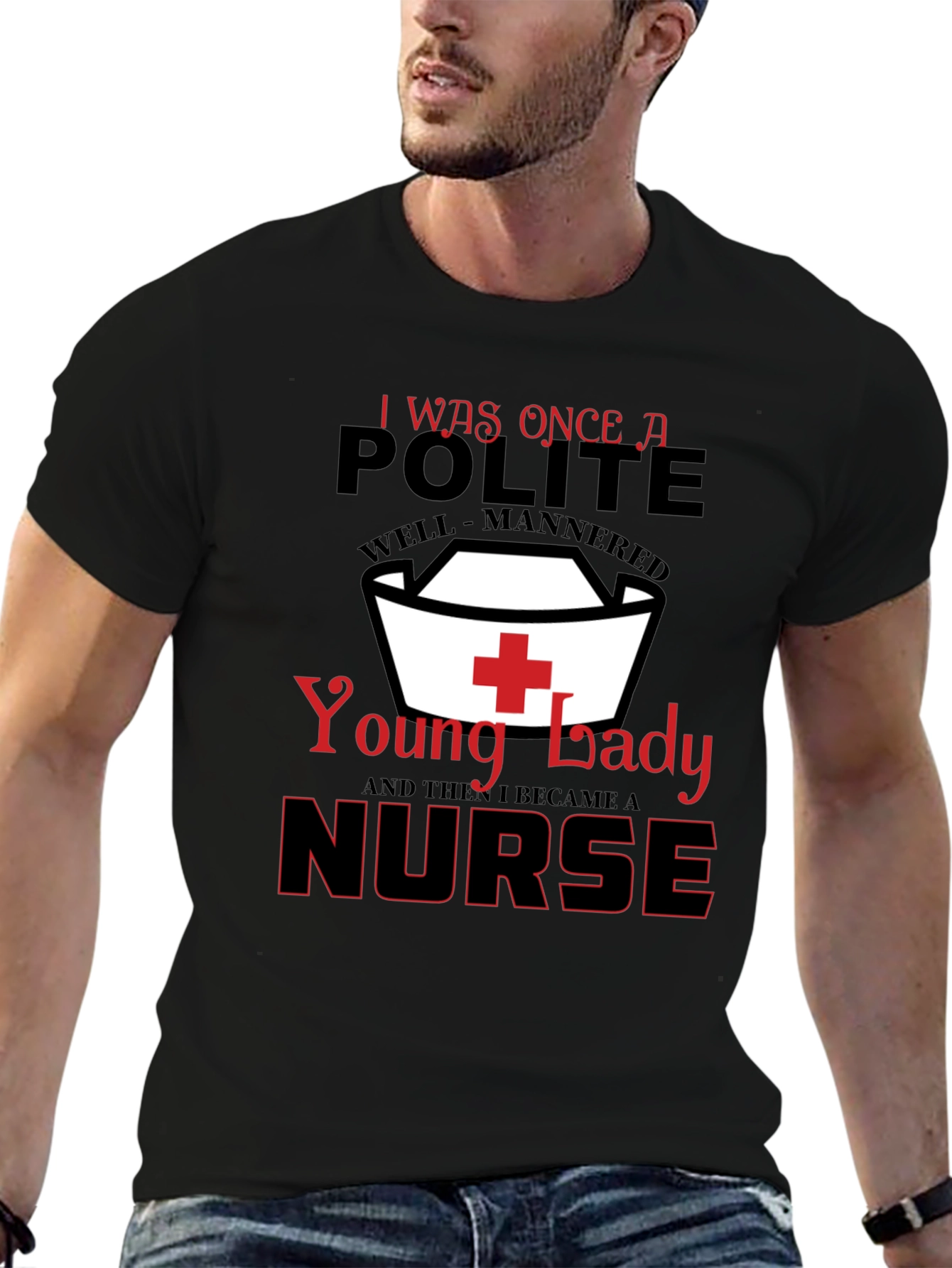 Black Funny Nurse T-Shirt: Polite Young Lady view 6
