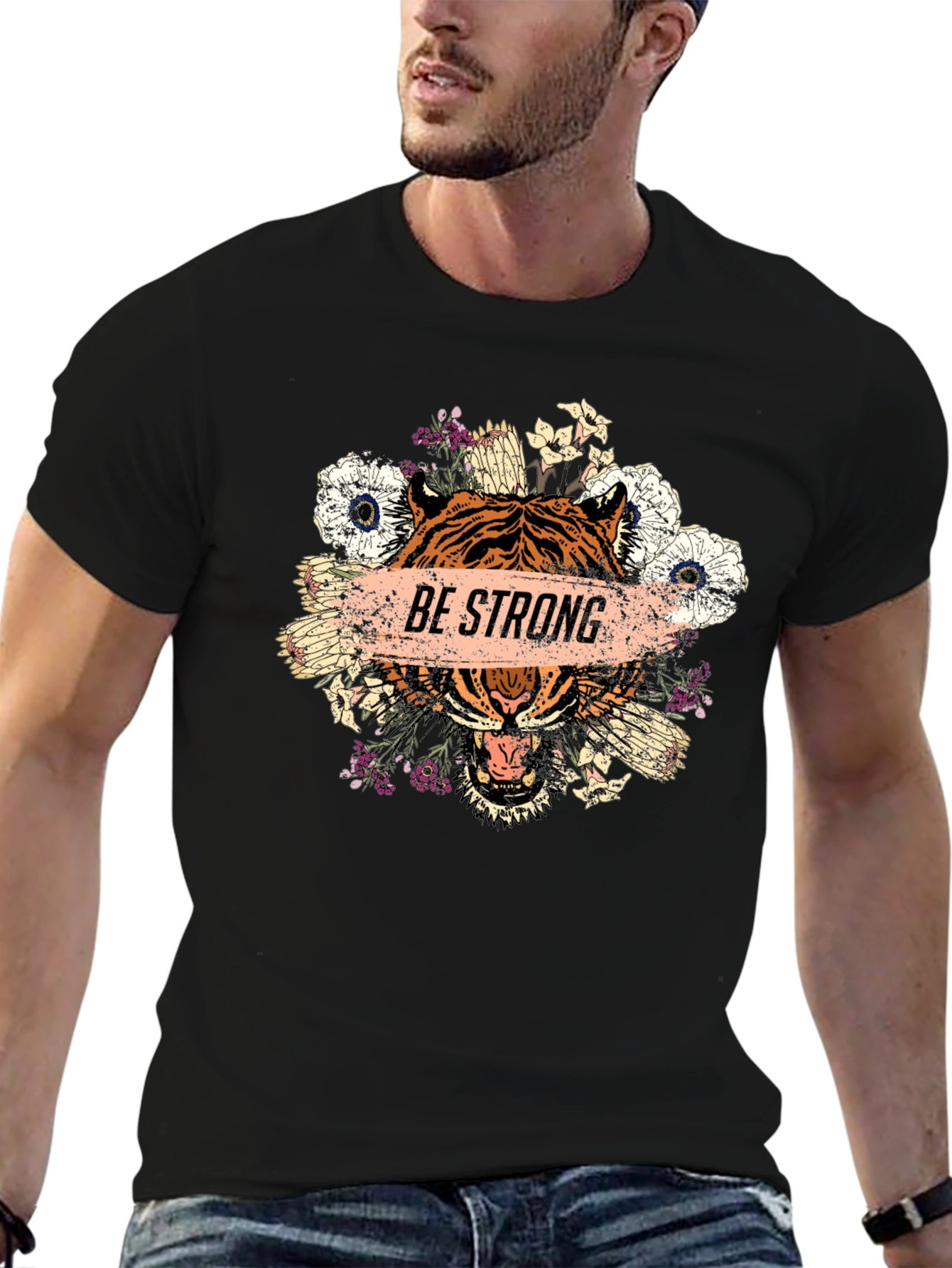 Black Be Strong Tiger Graphic Tee - Men's Black T-Shirt view 6