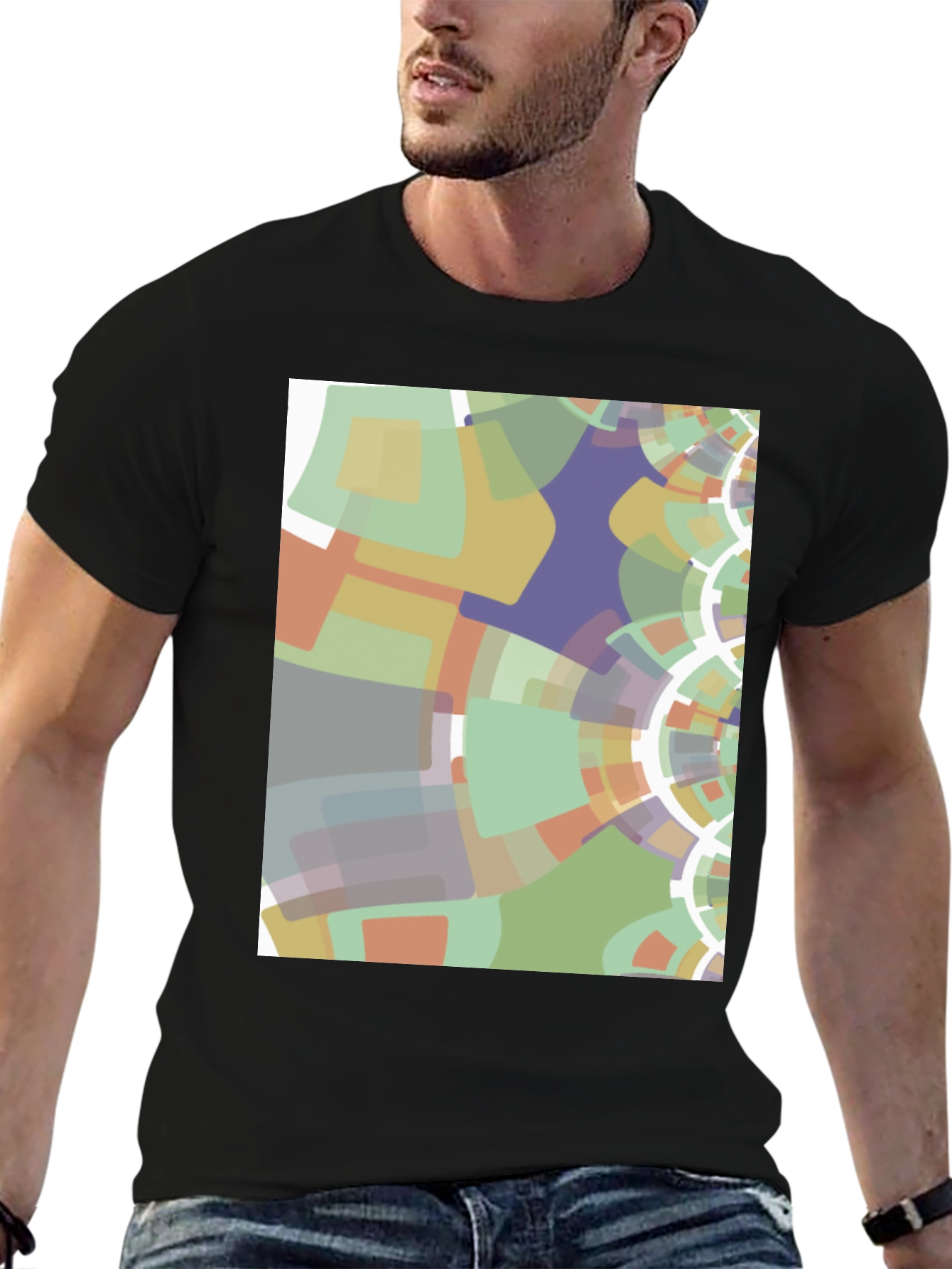 Black Abstract Geometric Graphic Print Black T-Shirt view 6