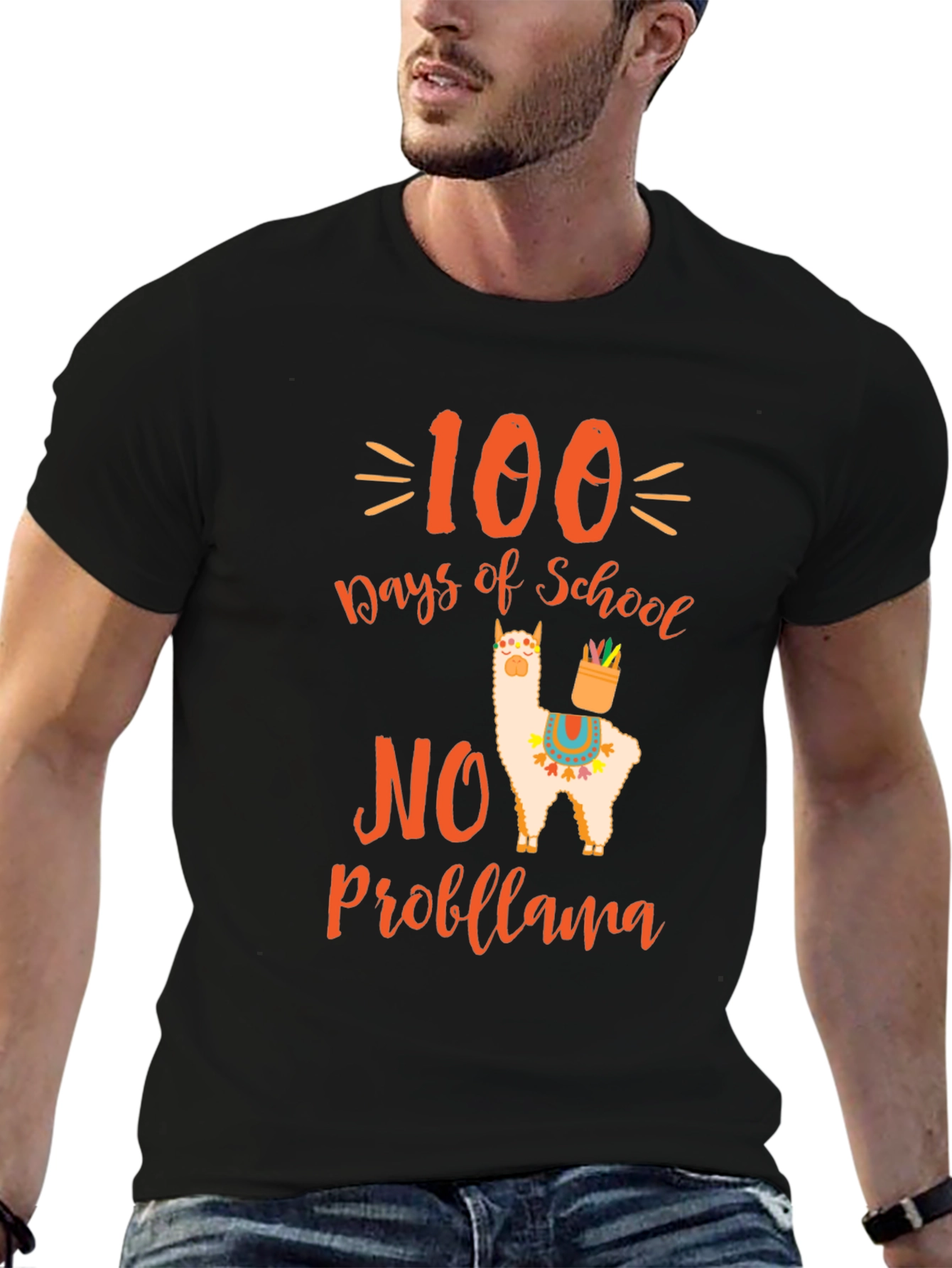 Black 100 Days of School No Probllama T-Shirt view 6