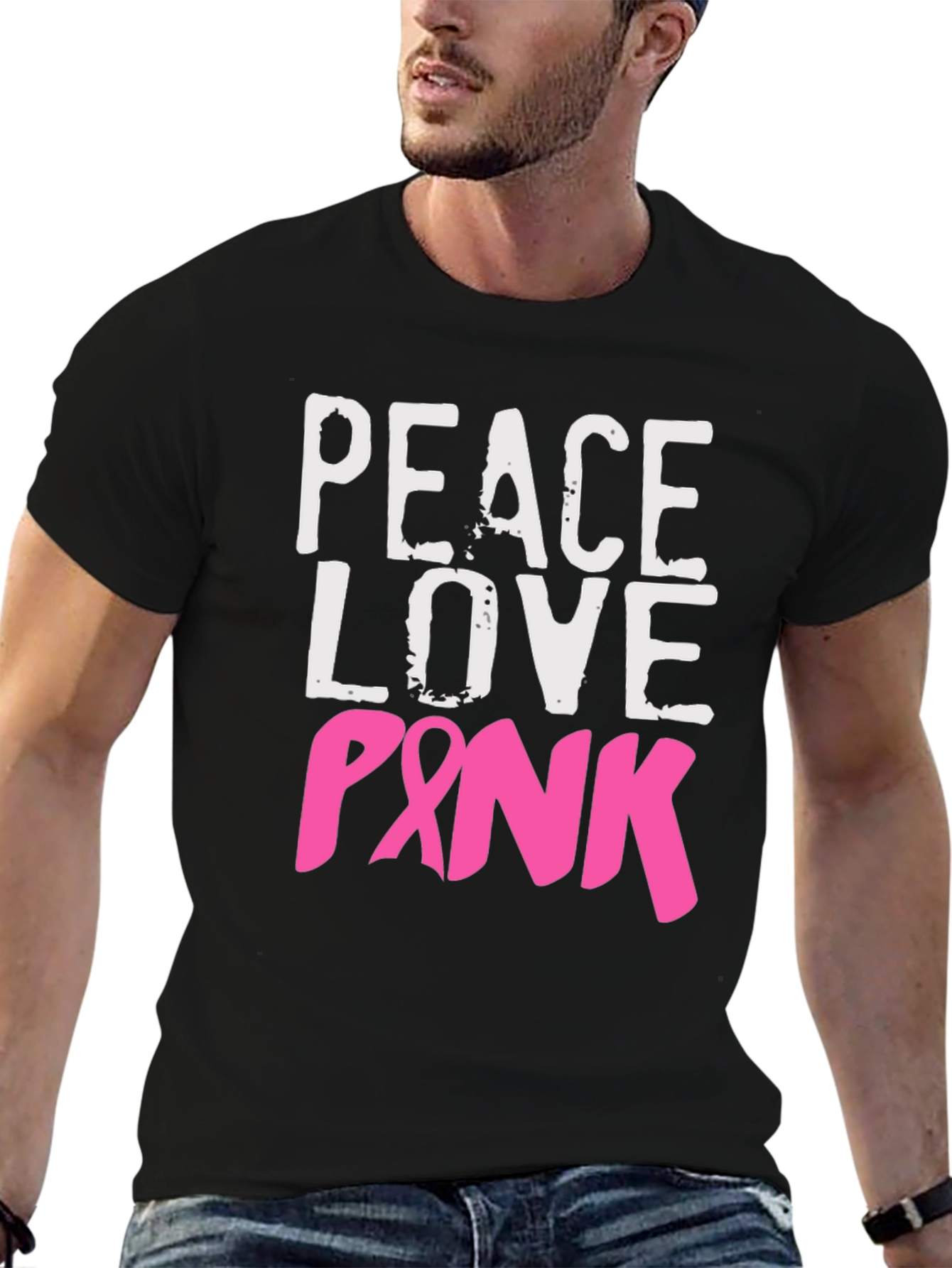 Black Peace Love Pink Breast Cancer Awareness T-Shirt view 6
