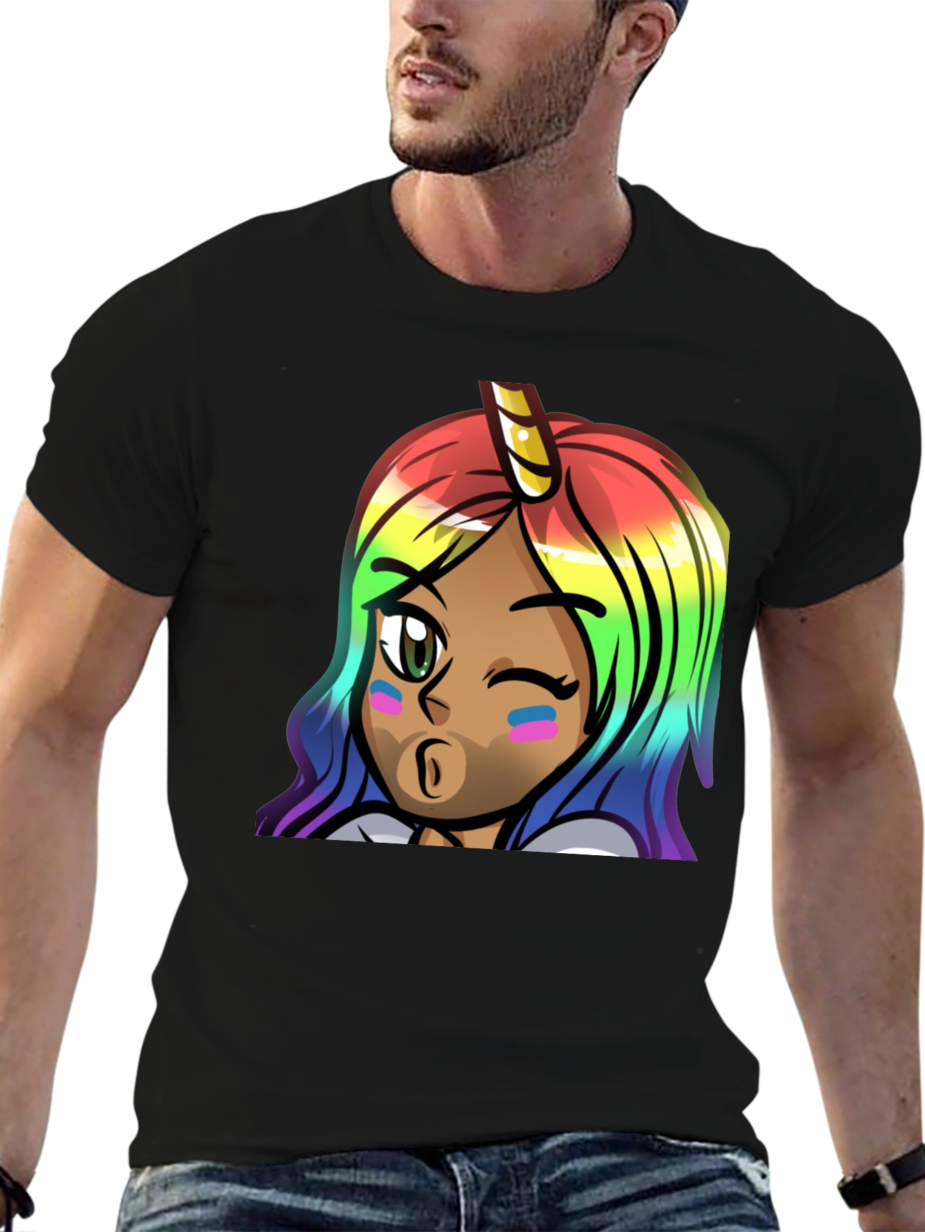 Black Rainbow Unicorn Girl Graphic Tee - Unisex view 6