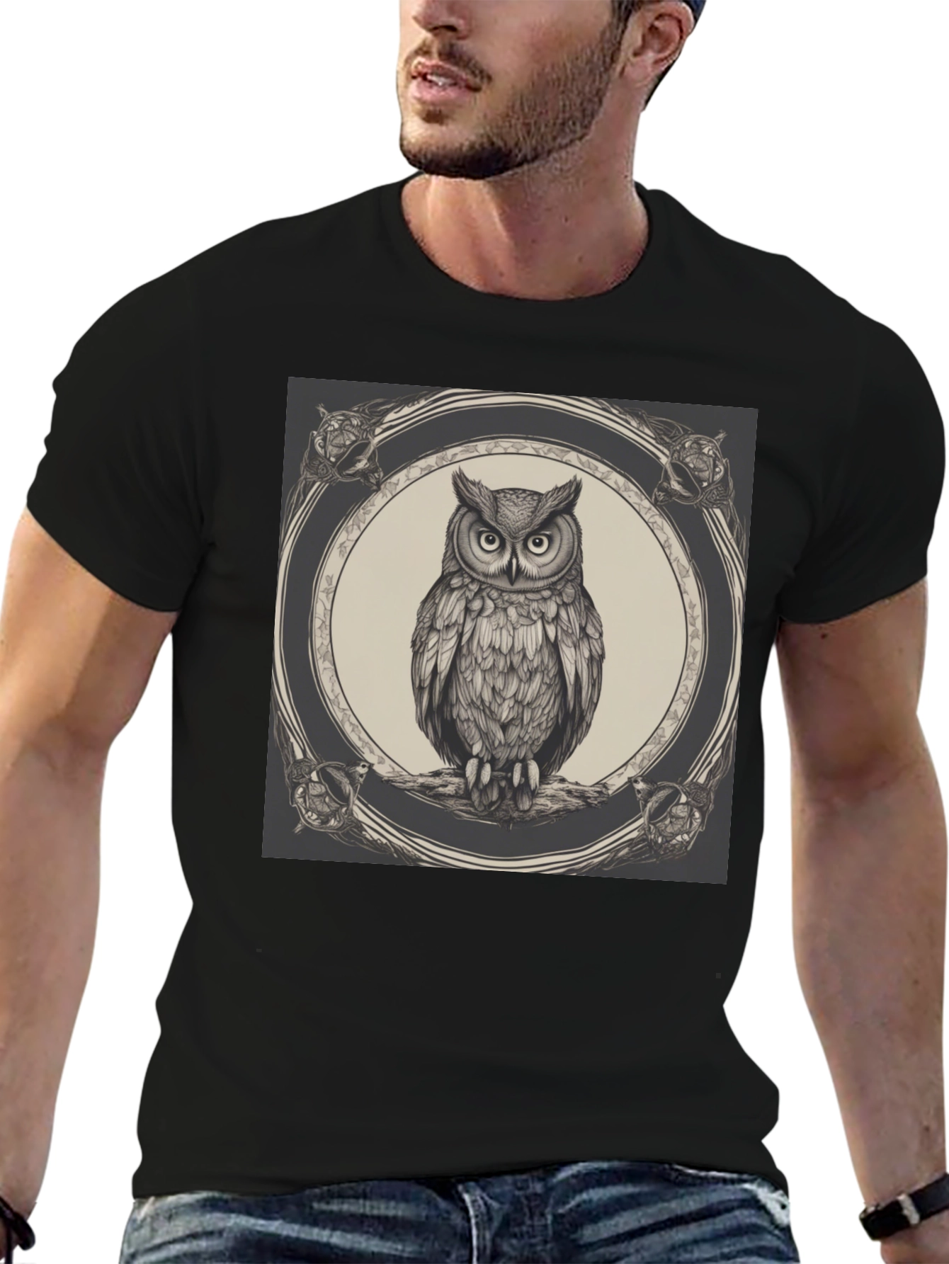 Black Owl Graphic Print Black Crew Neck T-Shirt view 6