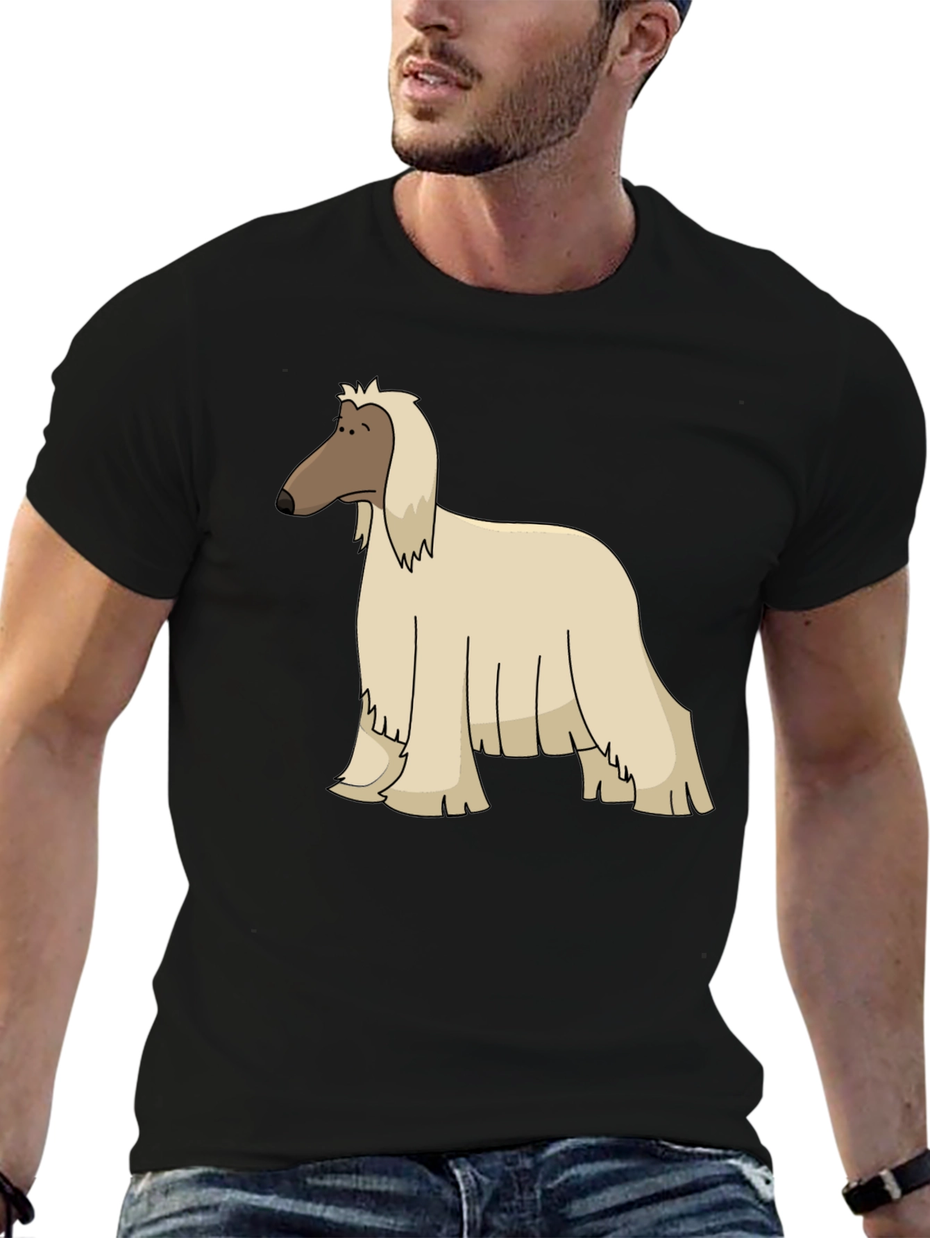 Black Afghan Hound Cartoon Black T-Shirt view 6