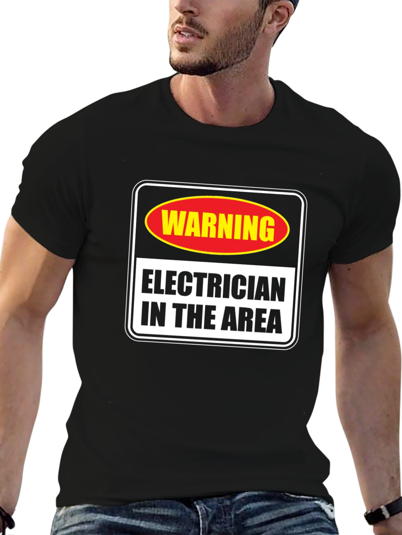 Black Warning Electrician in Area T-Shirt view 6