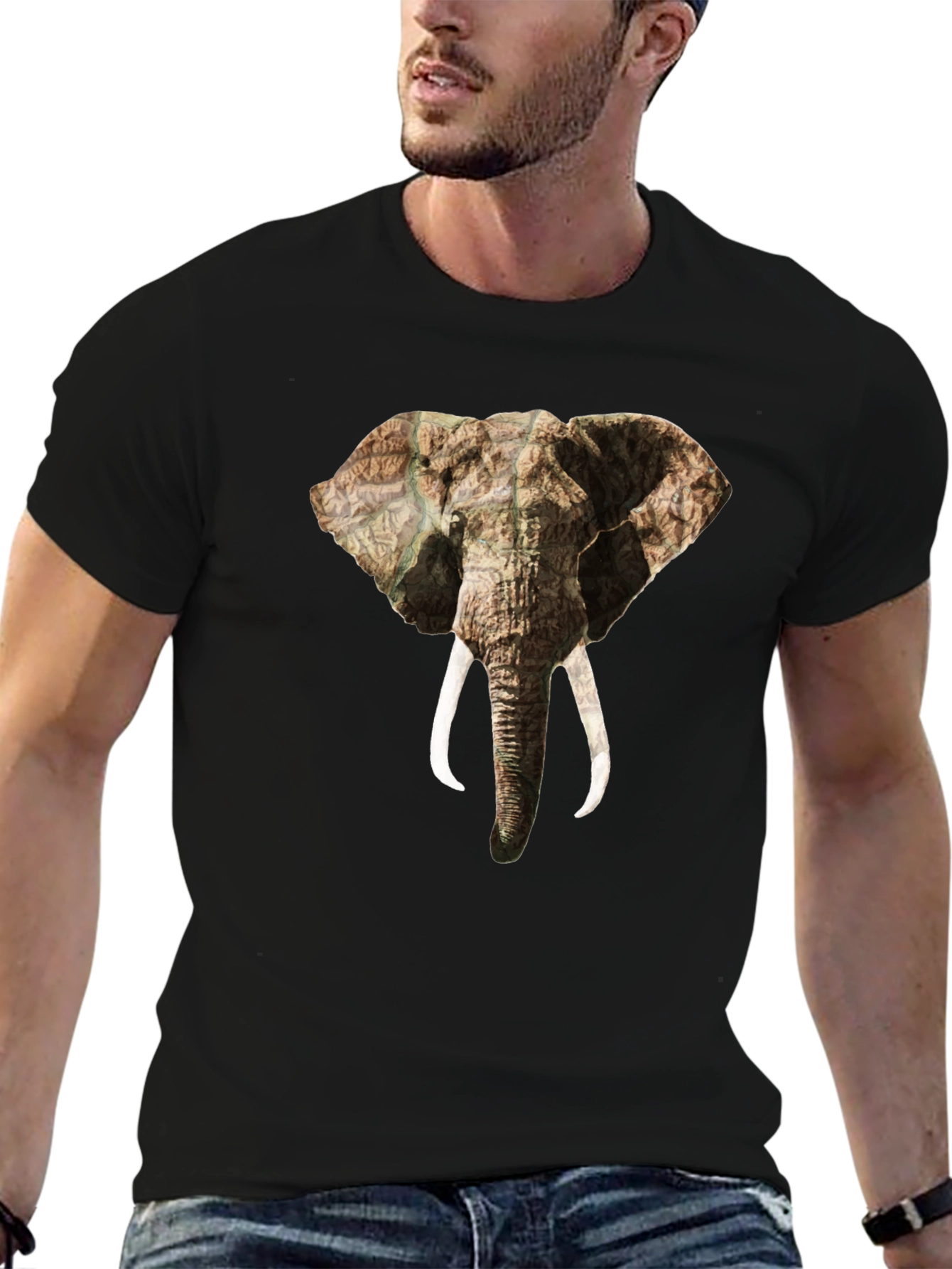 Black Elephant Head Print Black T-Shirt view 6
