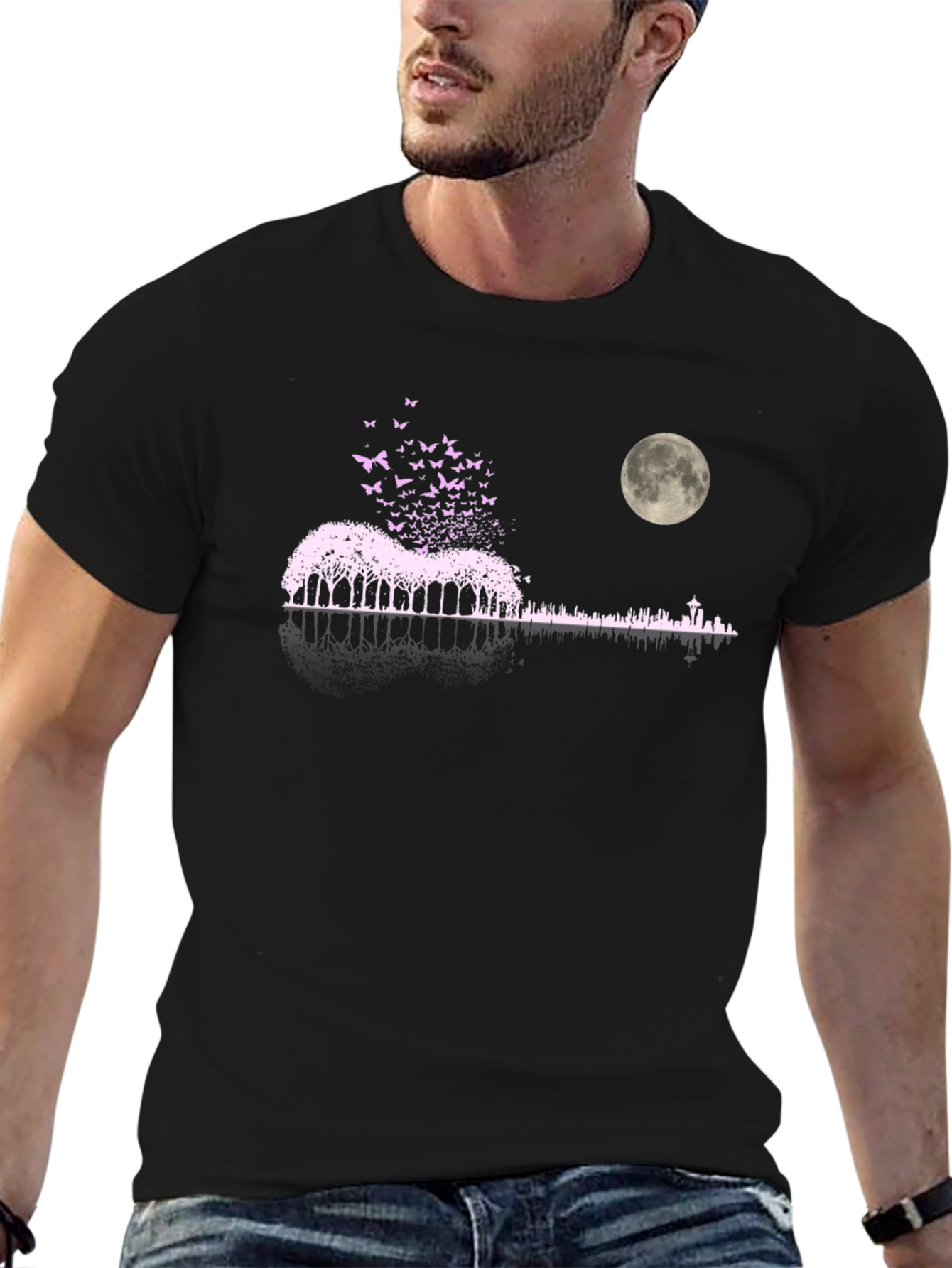 Black Nature Guitar Moon Graphic T-Shirt view 6