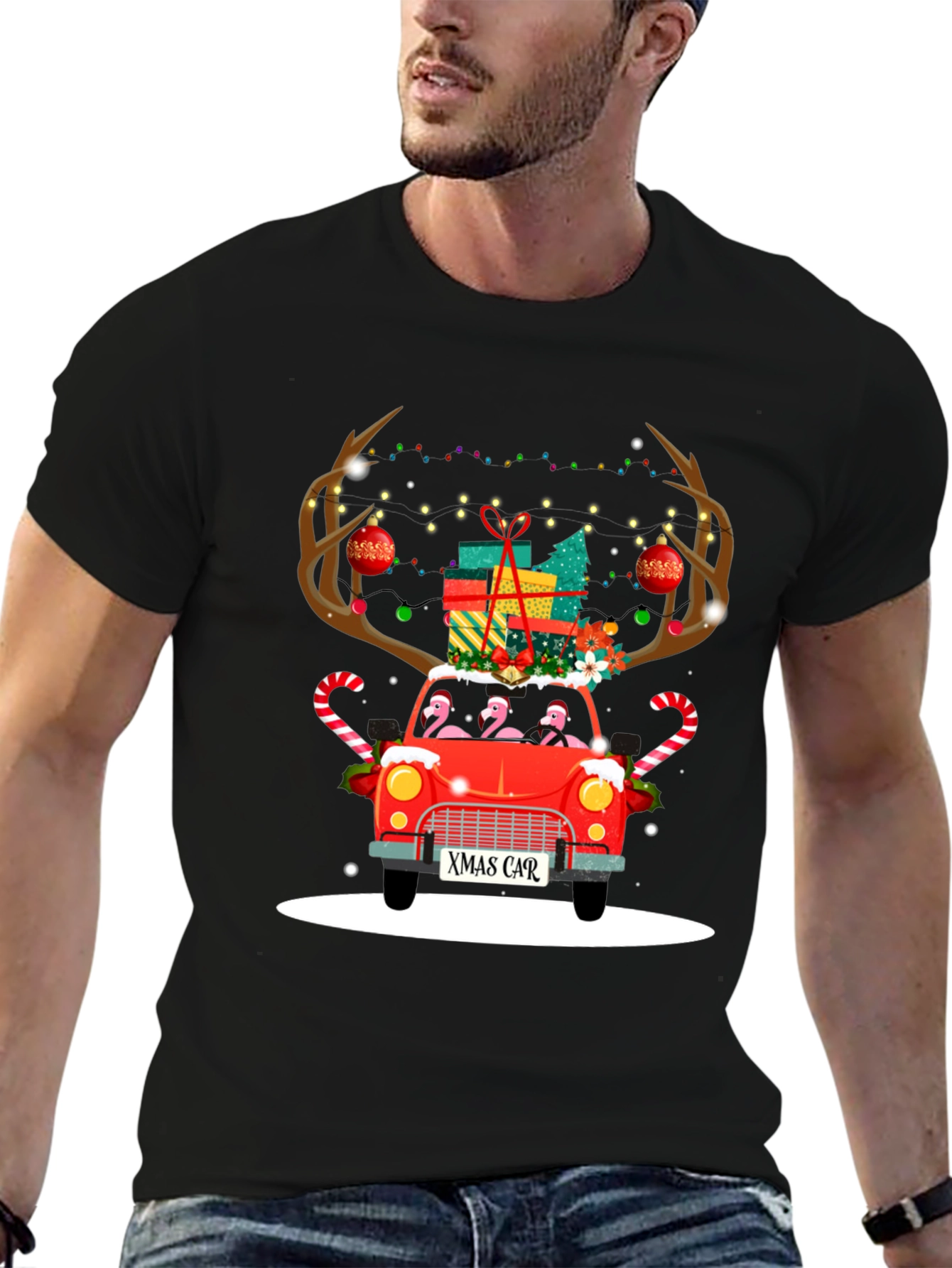 Black Festive Flamingo Xmas Car T-Shirt view 6