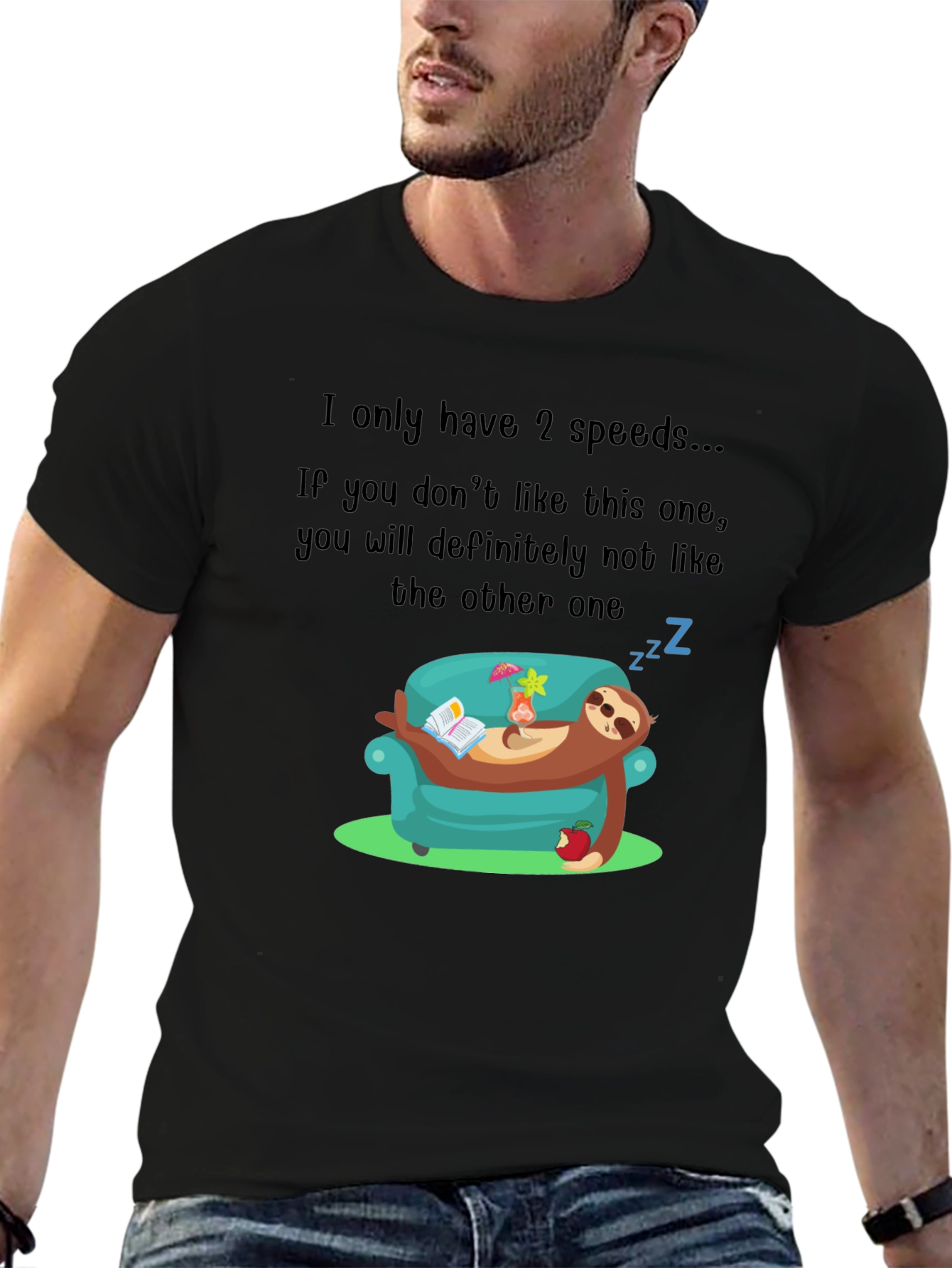 Black Funny Sloth 2 Speeds T-Shirt view 6