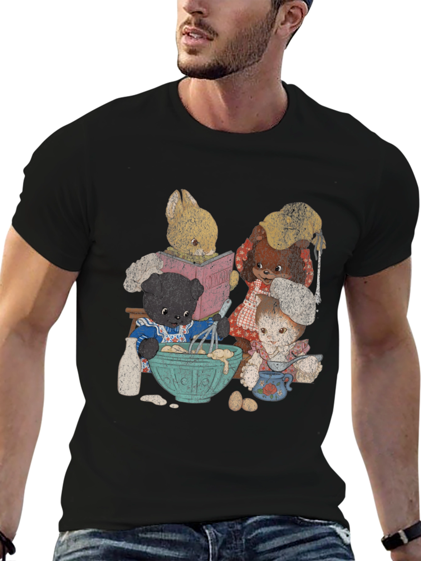 Black Retro Cartoon Animal Baking Crew Graphic Tee view 6