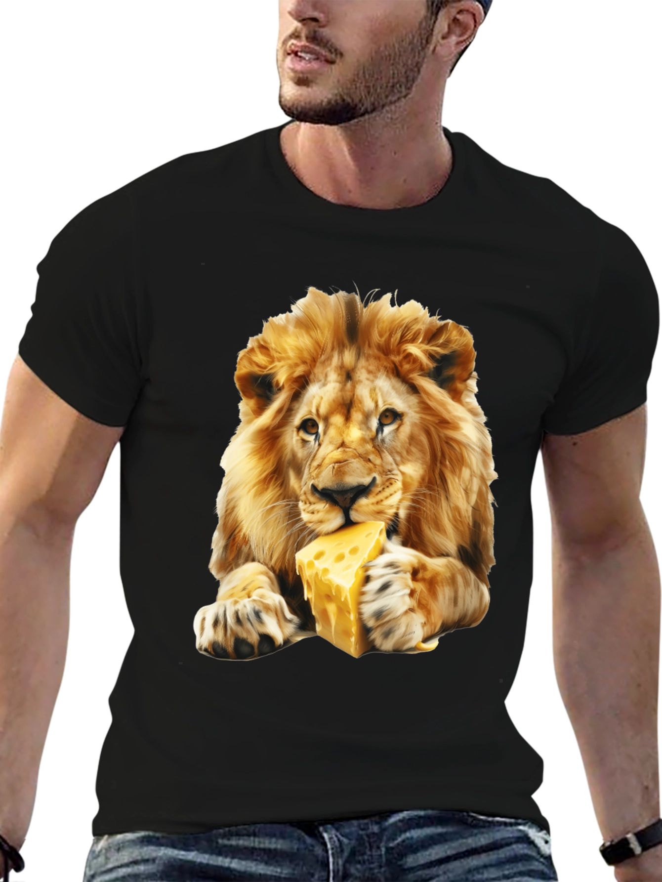 Black Lion Eating Cheese T-Shirt - Funny Animal Graphic Tee view 6