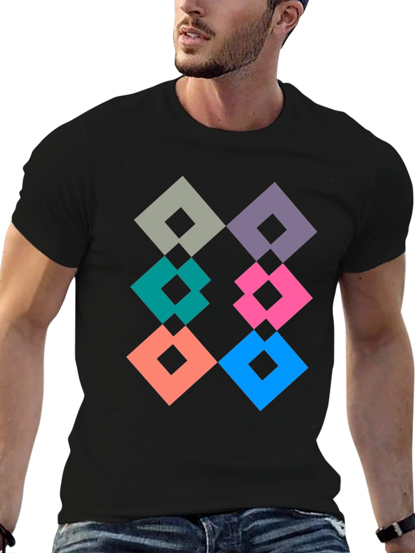 Black Geometric Diamond Pattern Tee - Modern Graphic Print view 6