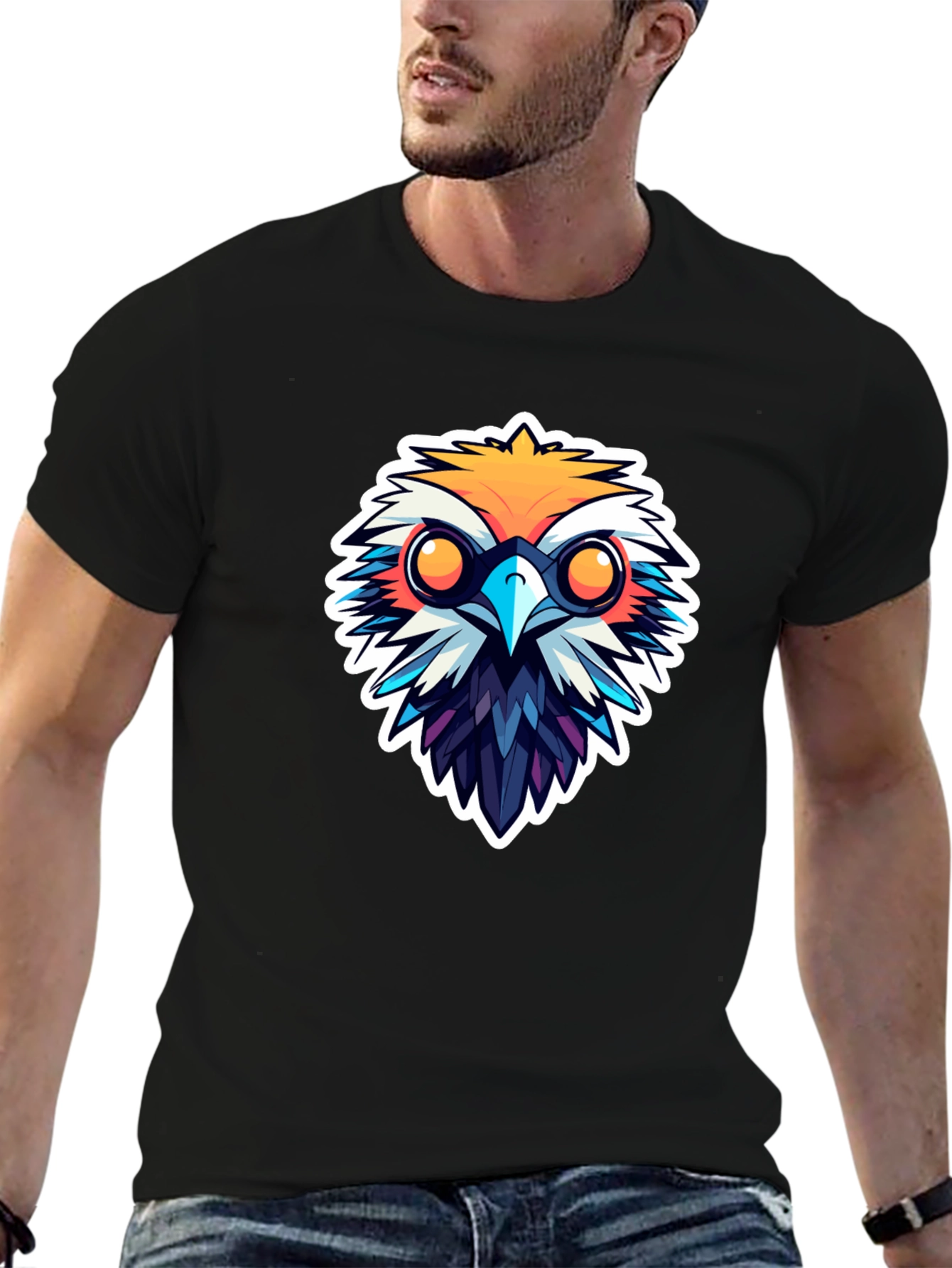 Black Men's Black T-Shirt with Owl Design view 6