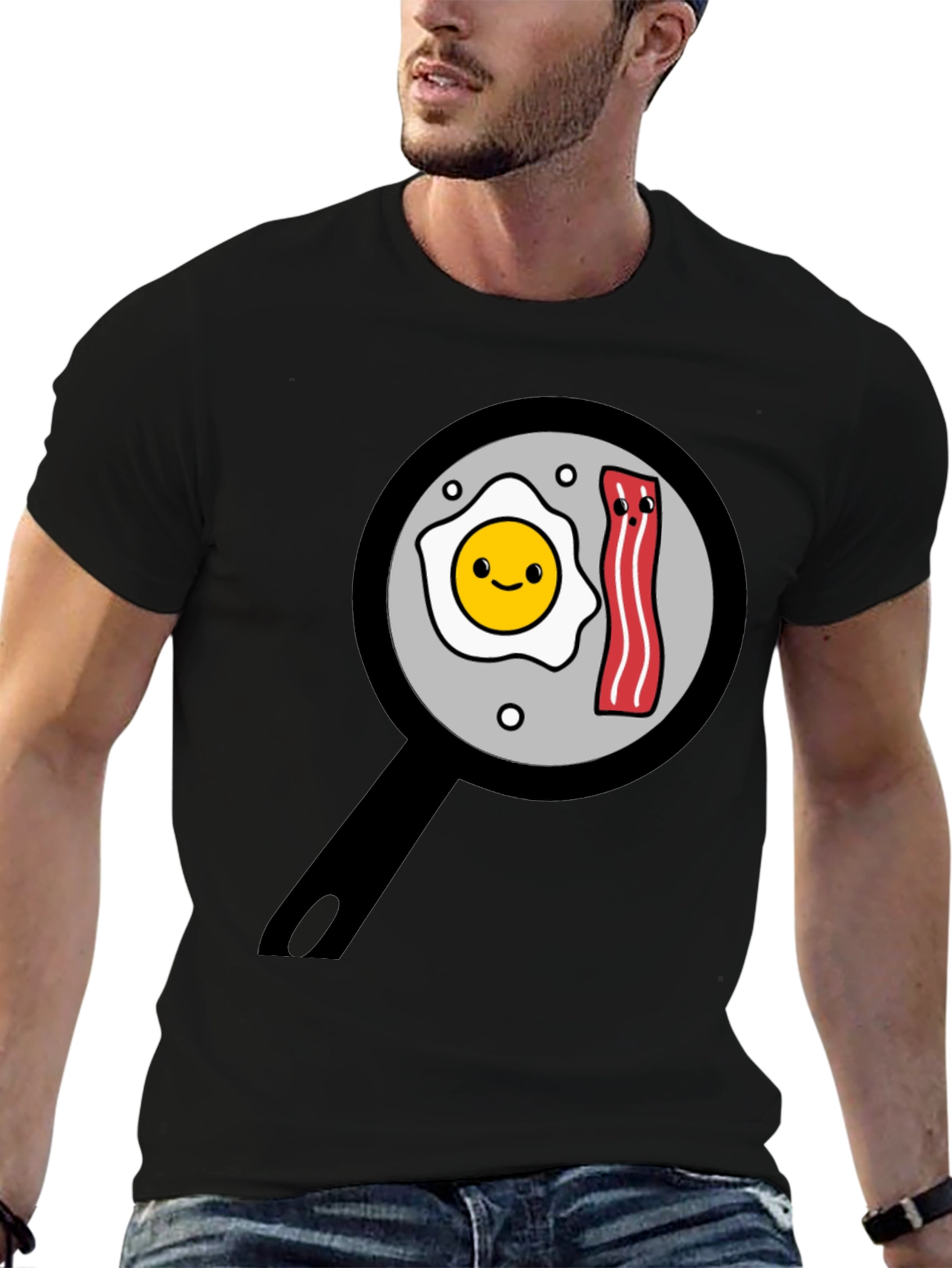 Black Funny Breakfast T-Shirt - Egg and Bacon Pan Design view 6