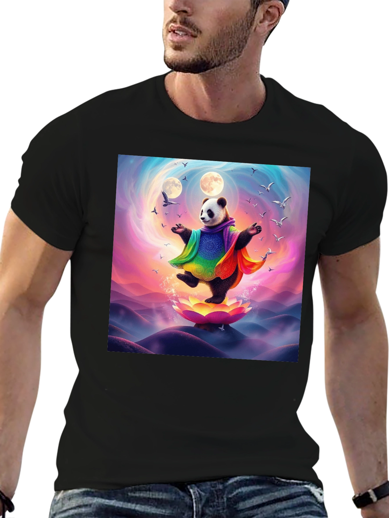 Black Zen Panda T-Shirt - Colorful Meditation Design view 6