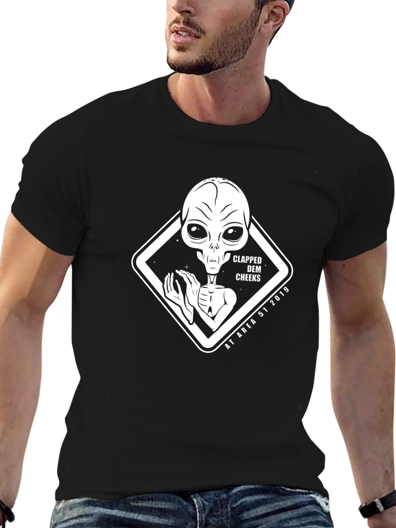 Black Area 51 Alien Clapped Dem Cheeks Black T-Shirt view 6