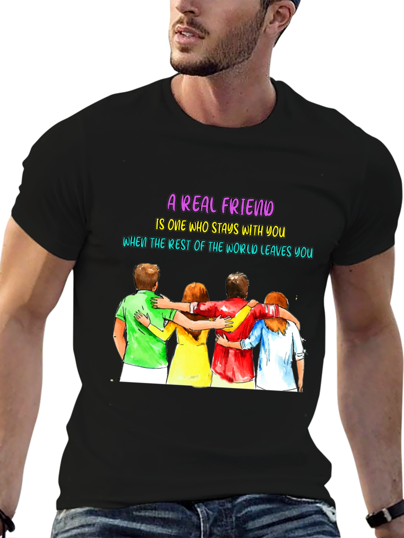 Black A Real Friend T-Shirt - Friendship Graphic Tee view 6