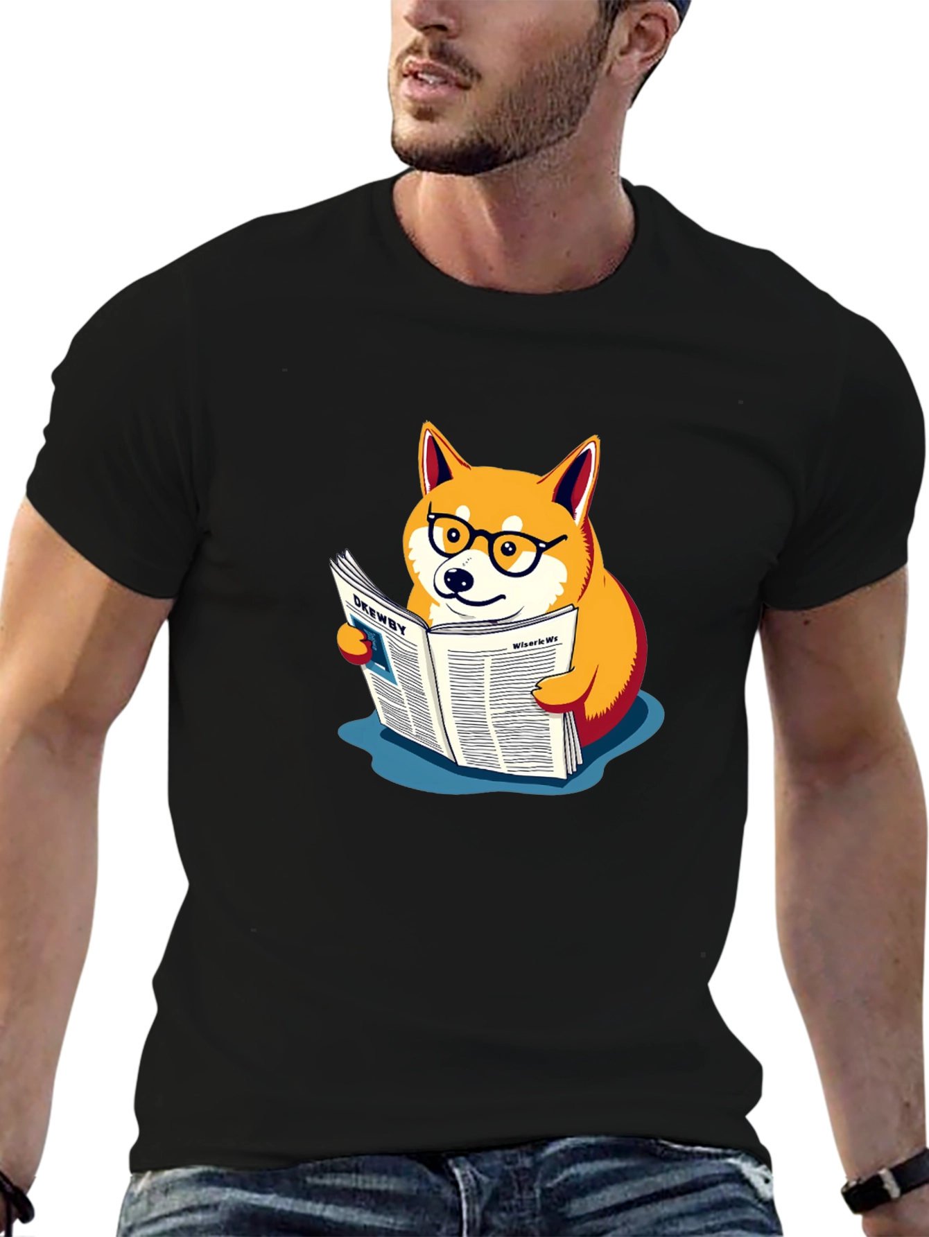 Black Shiba Inu Reading Newspaper Graphic Tee view 6