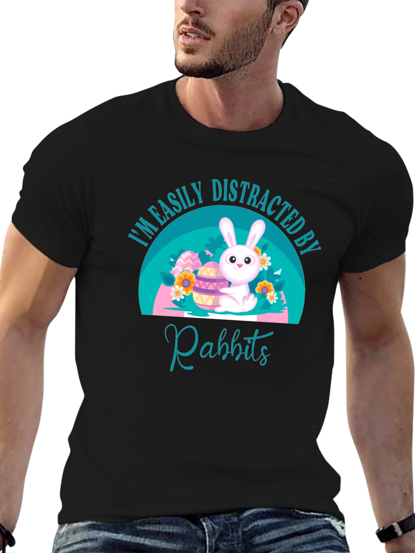 Black Easily Distracted By Rabbits T-Shirt view 6