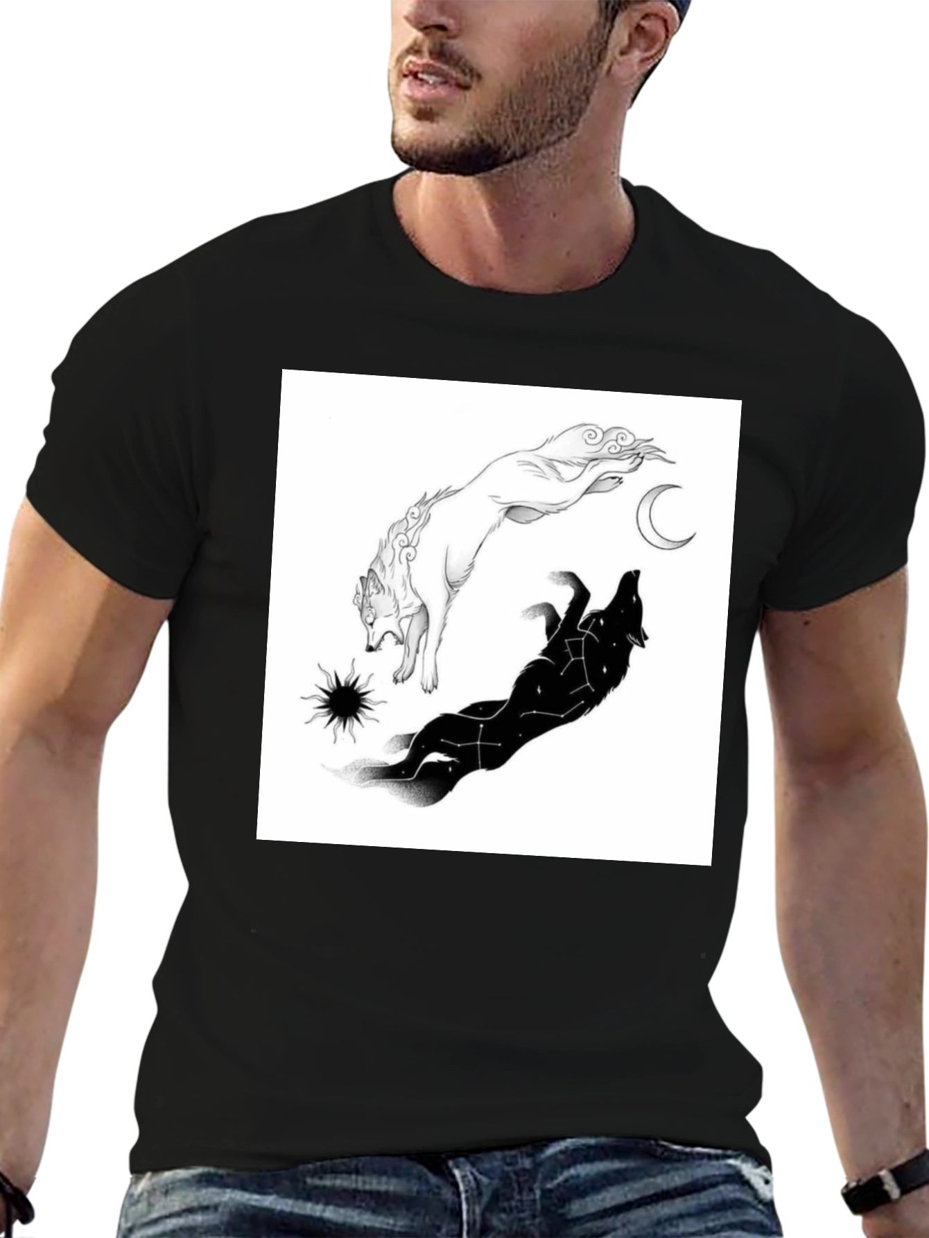 Black Yin Yang Wolf Graphic T-Shirt - Celestial Design view 6
