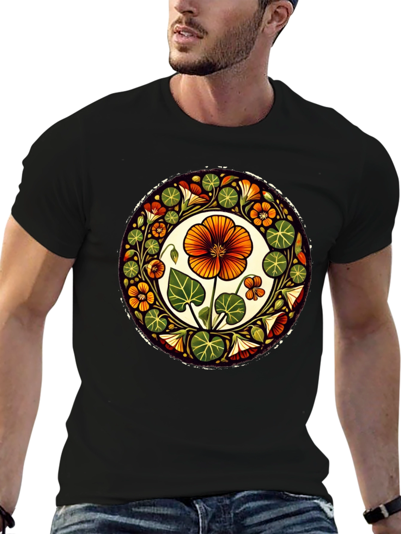 Black Floral Mandala Graphic Tee - Black Cotton T-Shirt view 6
