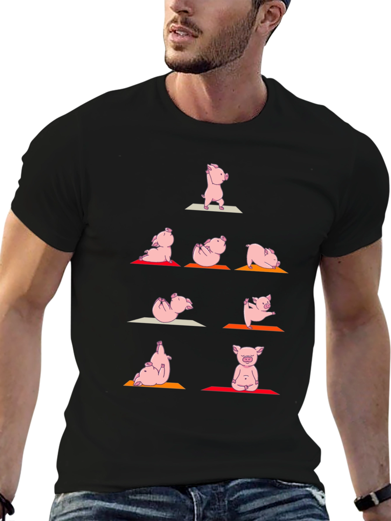 Black Yoga Pig T-Shirt: Funny Animal Graphic Tee view 6