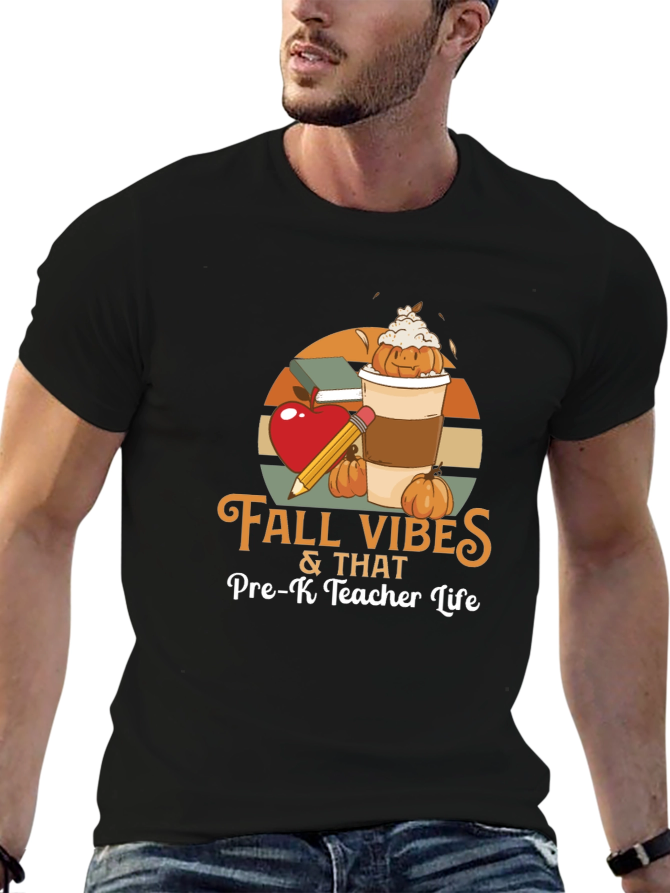 Black Fall Vibes Pre-K Teacher Life T-Shirt view 6
