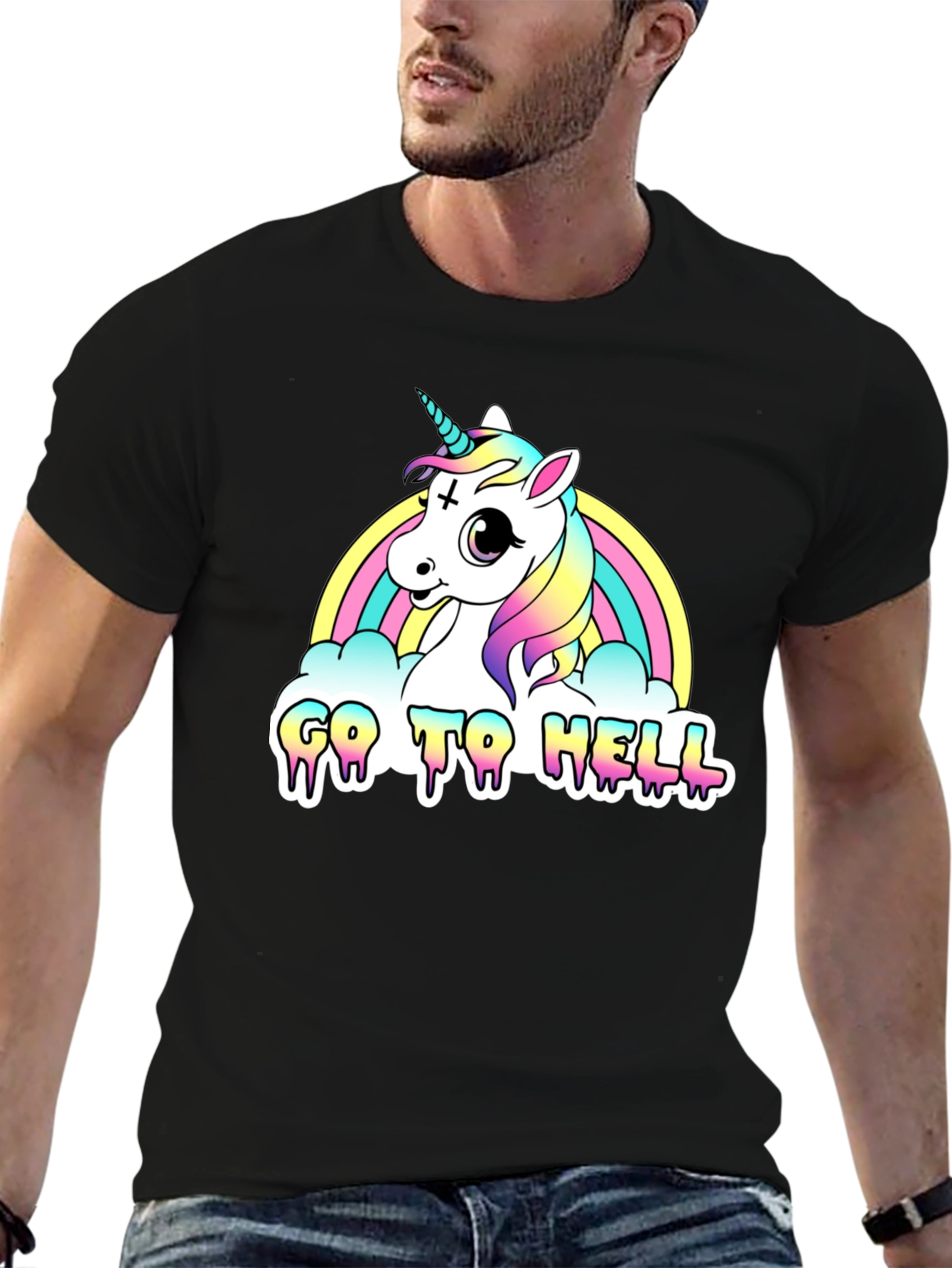 Black Unicorn Rainbow "Go To Hell" Black Graphic Tee view 6