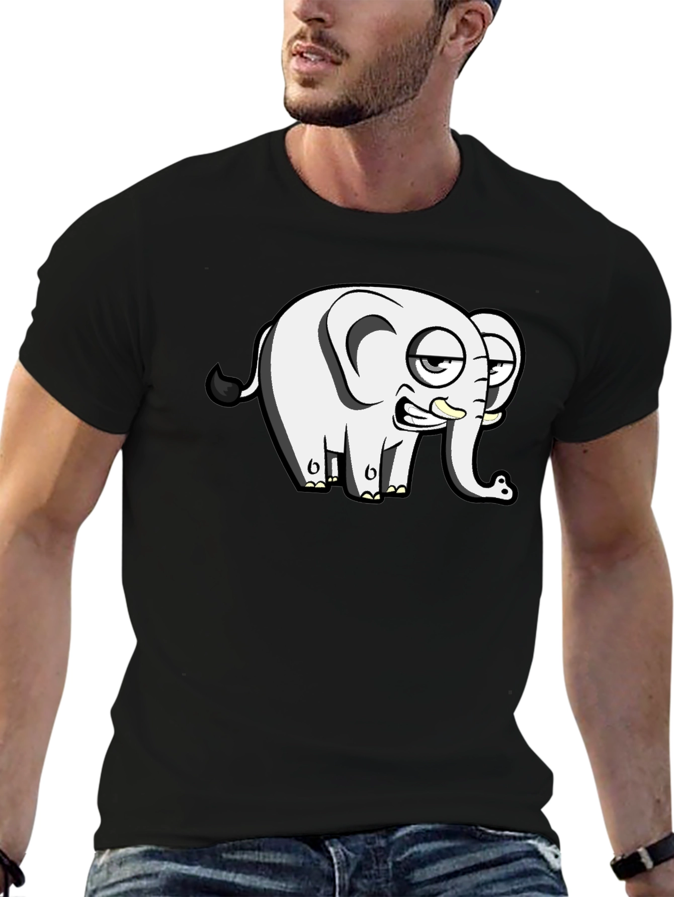 Black Funny Elephant Cartoon Black T-Shirt view 6
