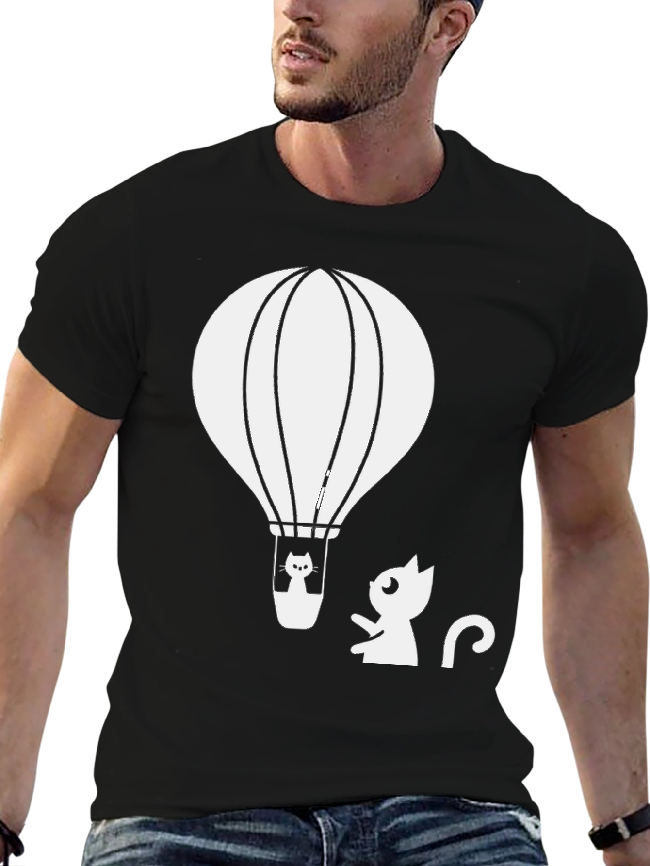 Black Cat Hot Air Balloon Graphic Tee - Black Cotton T-Shirt view 6